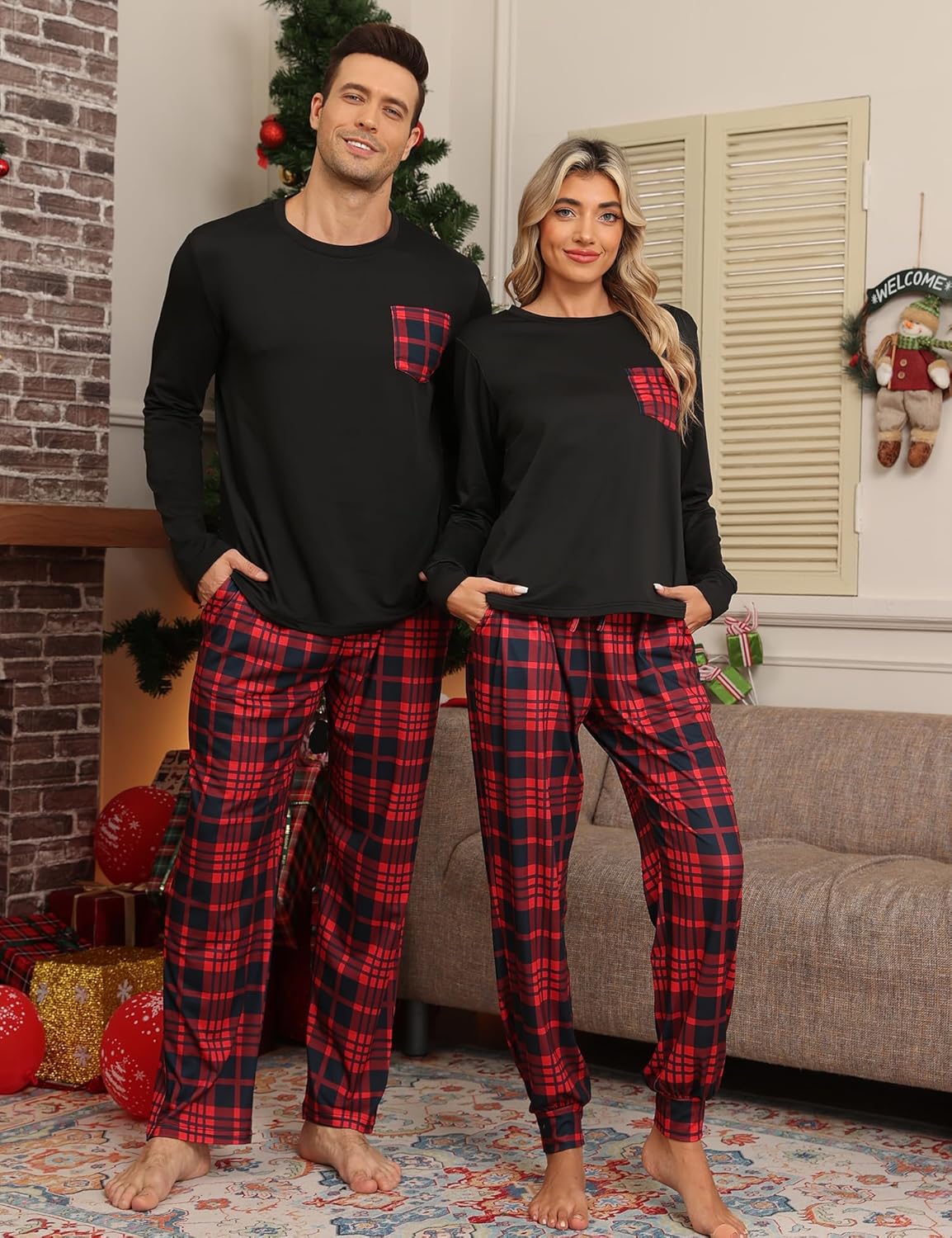 Christmas Pajamas Set Women & Men 2 Piece Buffalo Plaid Pajama Pants Fleece Tops For Couple & Family PJs Loungewear - Image 2