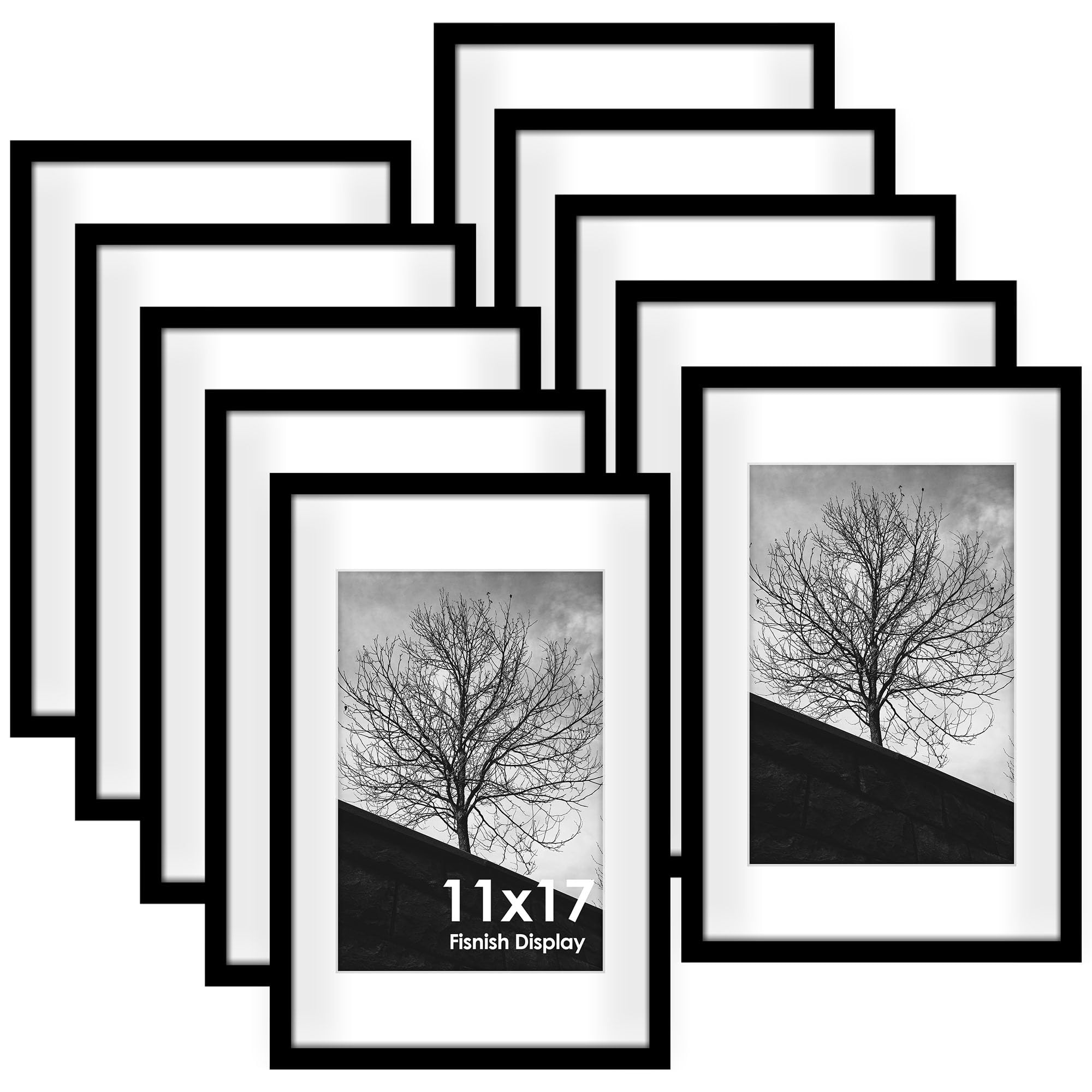11x17 Picture Frame Sef of 10, Display Pictures 8x12 with Mat or 11 x 17 Without Mat, Photo Frame Collage for Wall Gallery Decor, Wall Mounted, Black