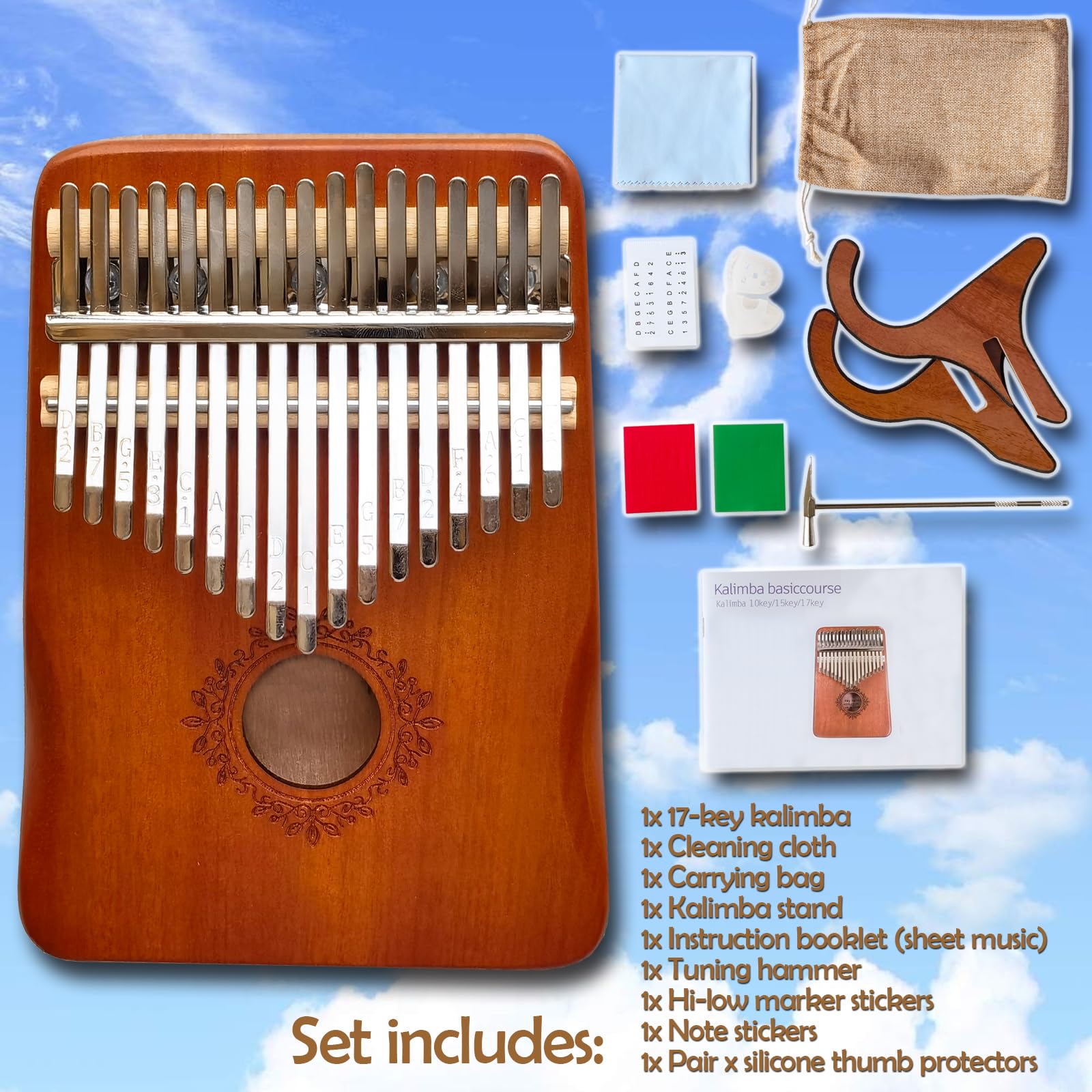Kalimba 17 Clés Piano à pouce, Piano à Doigt Portable Mbira avec Support, Marteau d'accordage, Livre de Chansons, etc. Professionnel Instrument de Musique pour Adultes Débutants