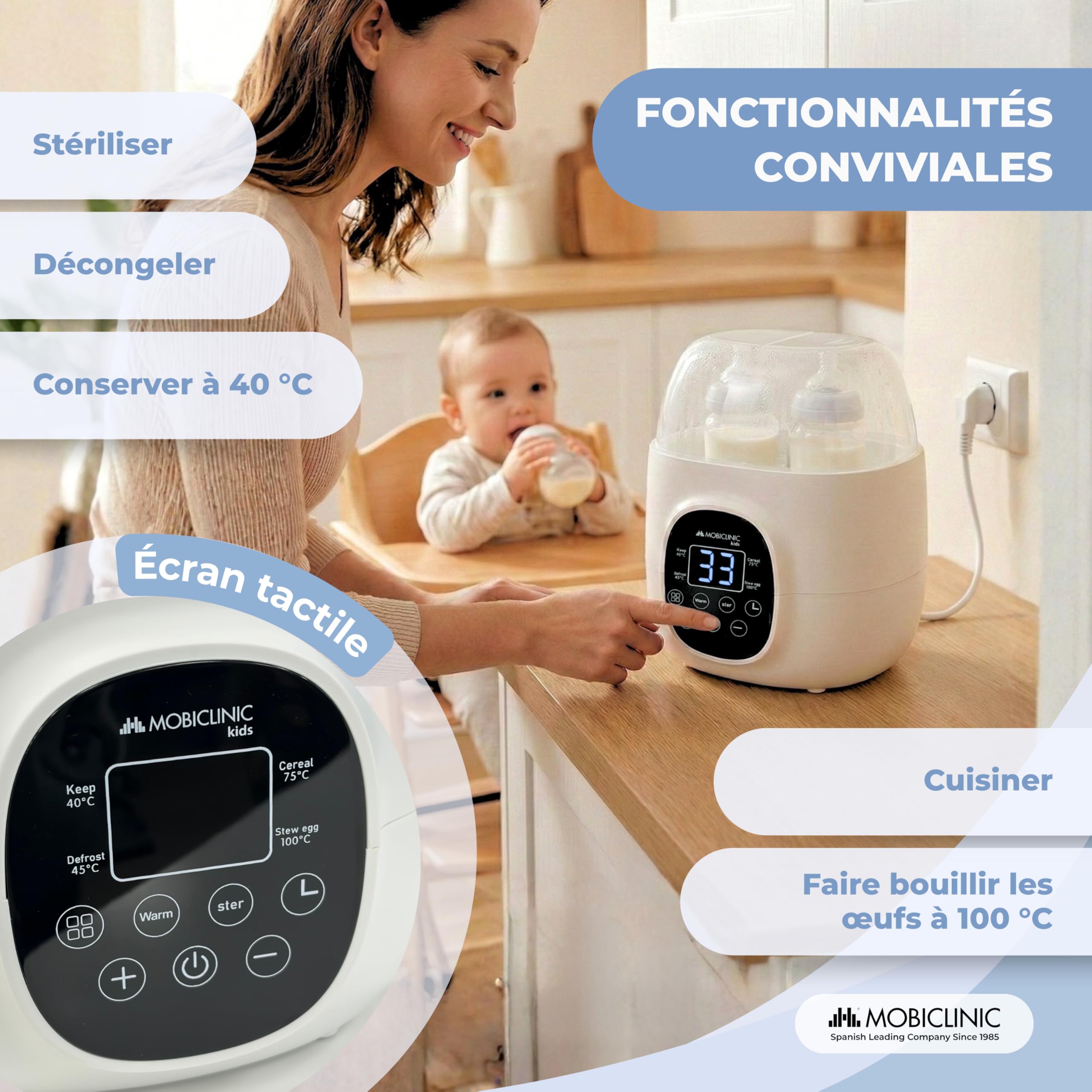Mobiclinic®, Chauffe-biberon et Stérilisateur, 6 en 1, Double Capacité, Décongèle, Programmable, Maintient la Température, Chauffage Rapide, Lait Maternel, Sans BPA, Écran LCD, Compact, Bibidu