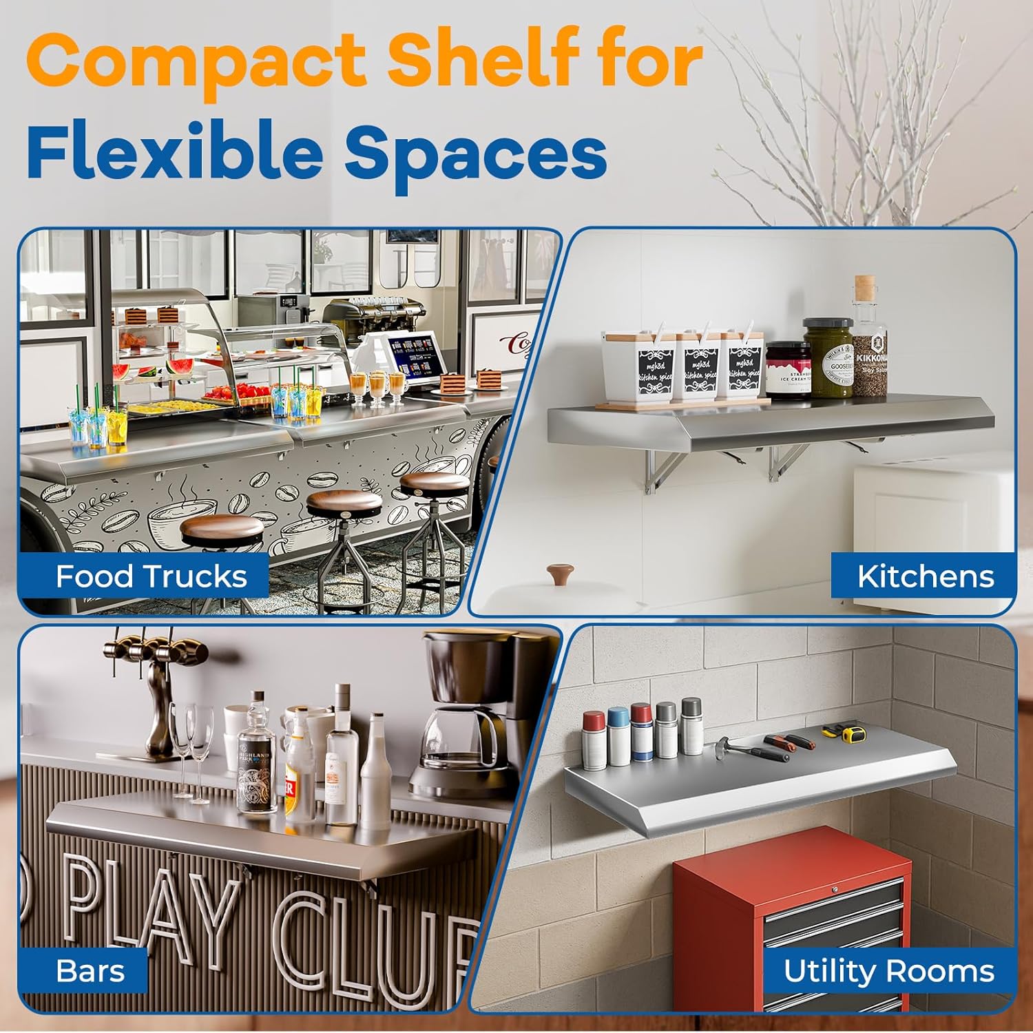Stainless Steel Fold Down Shelf 24" x 12" for Food Truck, Wall-Mounted Folding Prep Shelf for Concession Trailer, Serving Window & Kitchen Prep