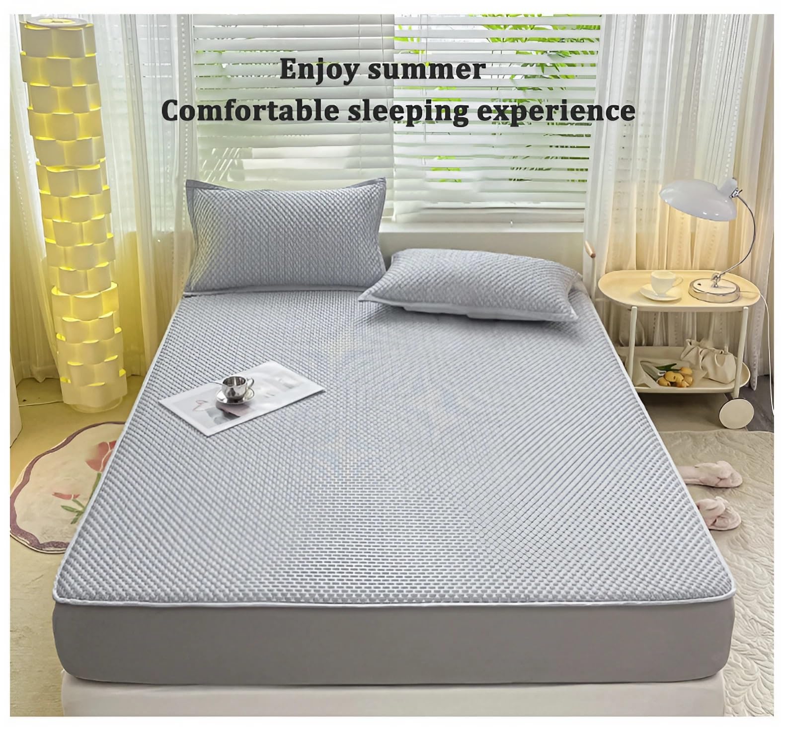 Juego De Sábanas Ajustables para Verano - Sábanas Frías Transpirables y Suaves - Cubrecolchón Refrescante Lavable - Funda Colchón con Funda De Almohada Seda Helada(Gray,200 x 220 cm+2 Pillowcases)