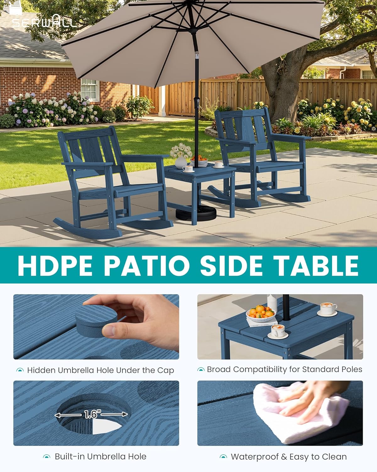 SERWALL HDPE Outdoor Rocking Chairs Set of 6, All Weather 4 Porch Rockers with 2 Side Tables, Waterproof Patio Conversation Set for Fire Pit, Garden, Backyard, Blue