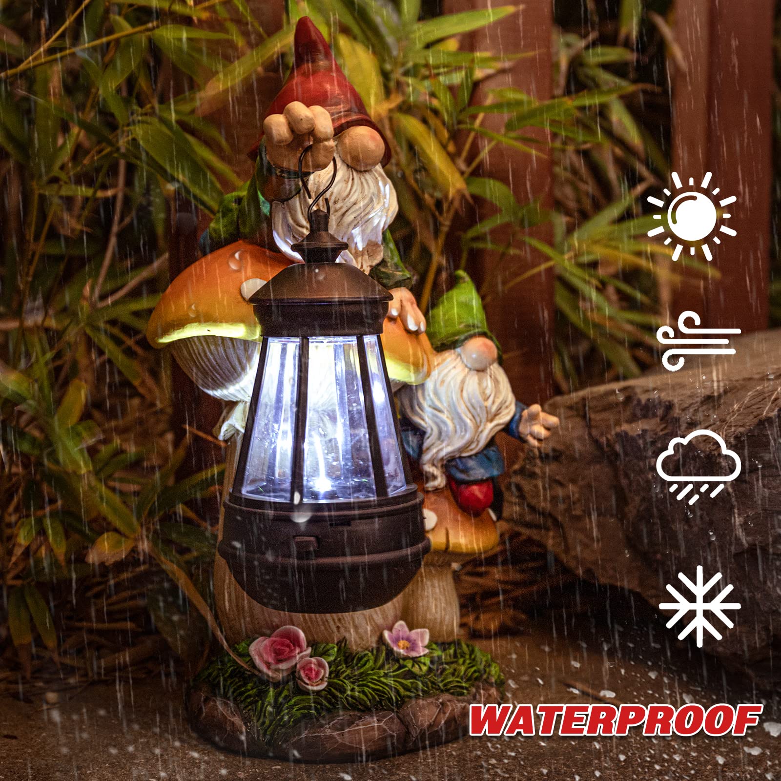 Estatua de gnomo de jardín, grande y divertida figura de gnomo que sube a los hongos y sostiene una linterna solar LED de resina para patio, patio, césped, porche, decoración al aire libre