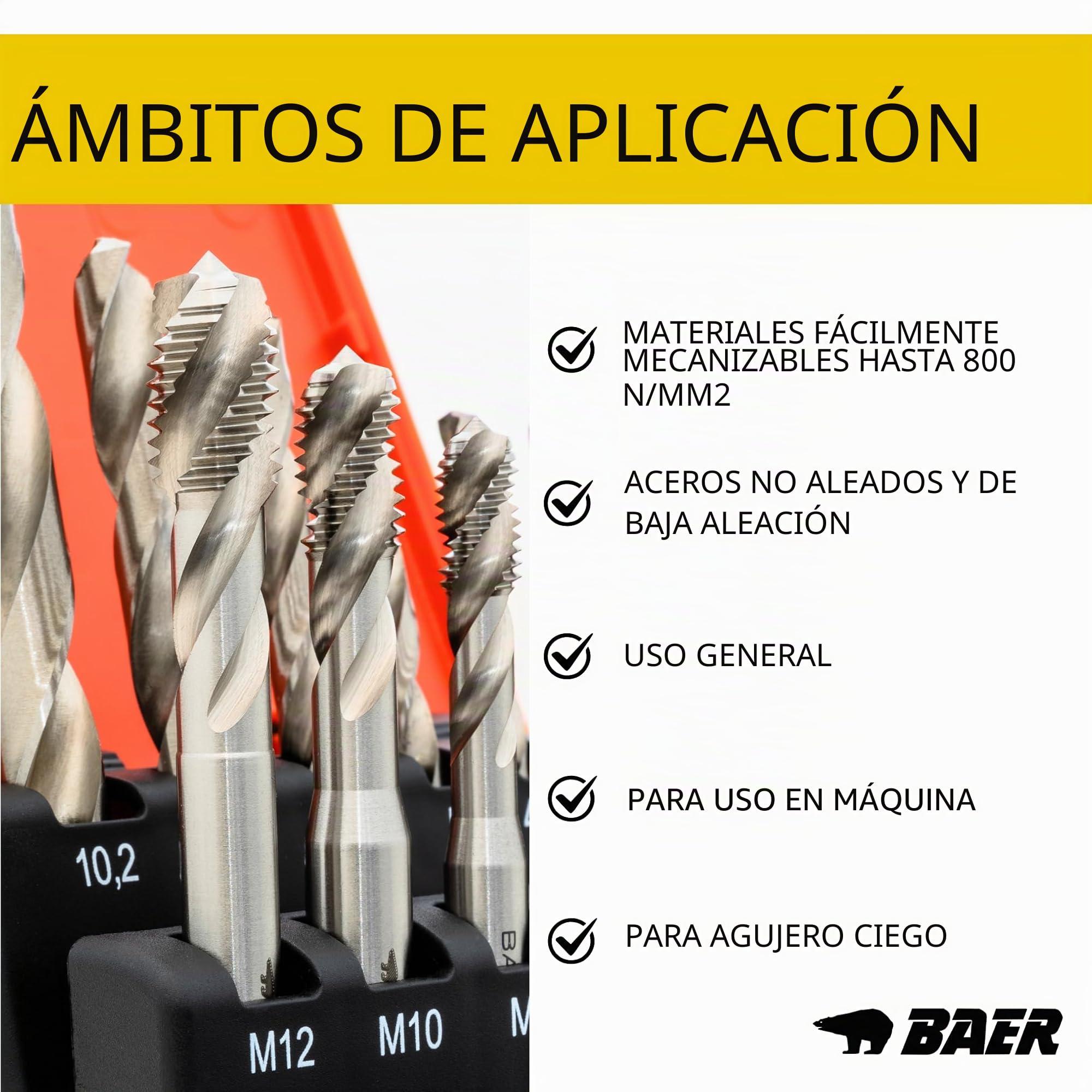 BAER Juego de machos de roscar M3-M12, 14 piezas, HSS-G, agujero ciego, forma C, juego de machos métricos DIN 371, tolerancia 6H, juego de roscas de acero hasta 900 N/mm²