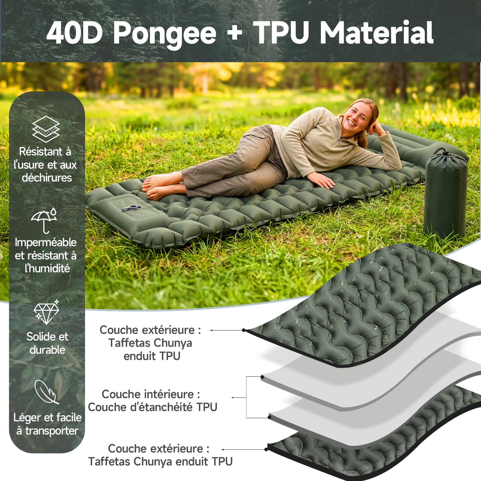 Colchoneta Hinchable de Camping Ultraligera y Extraancha (Tamaño XL), Colchoneta Aislante con Cojín Integrado y Bomba de Pie, 196x74x9 cm, TPU 40D, Portátil para Exteriores y Viajes (Verde Militar)