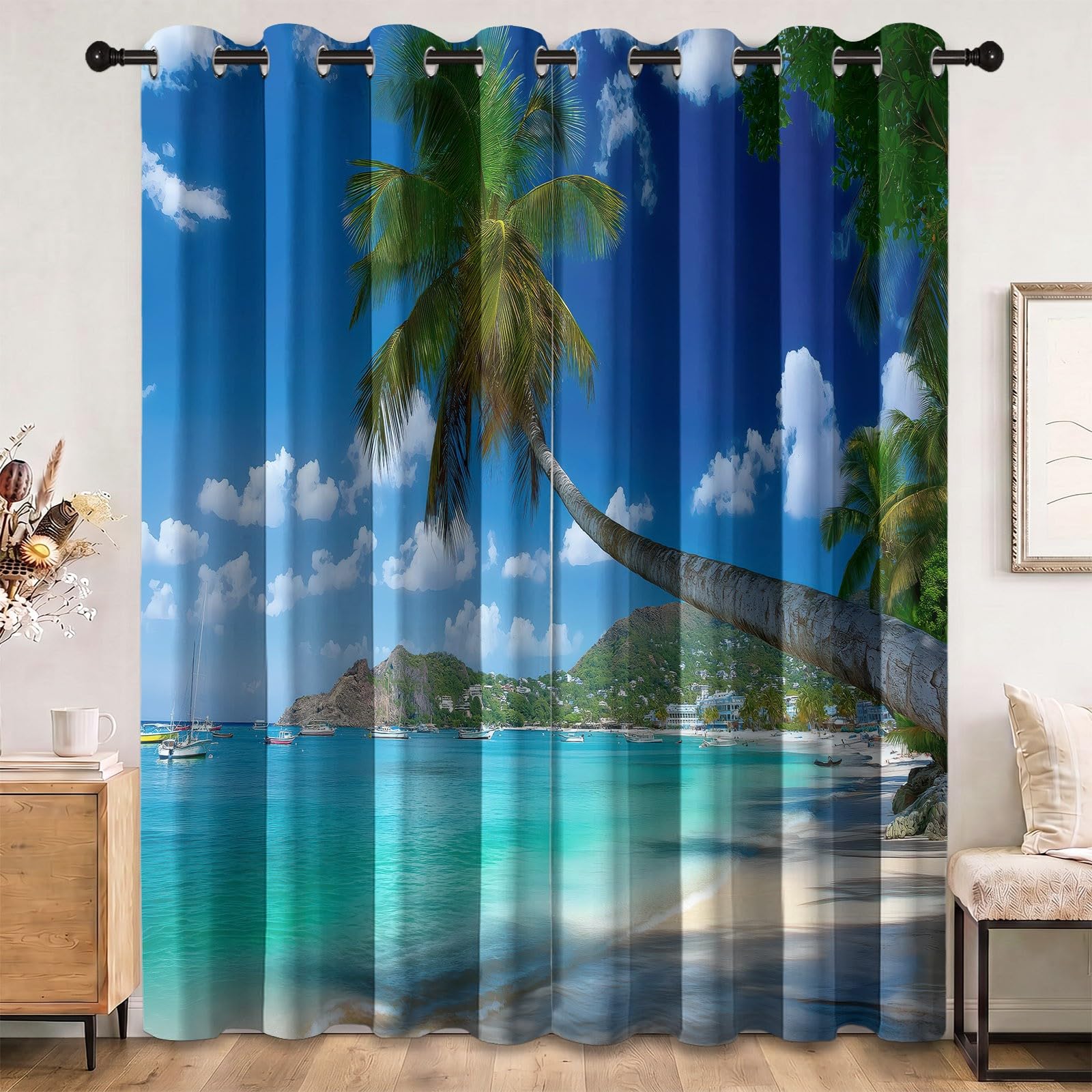 Tropikalny krajobraz zasłony zaciemniające do sypialni, salonu, 140 x 229 cm, izolacja termiczna, zasłony okienne, zasłony okienne, dekoracja domu