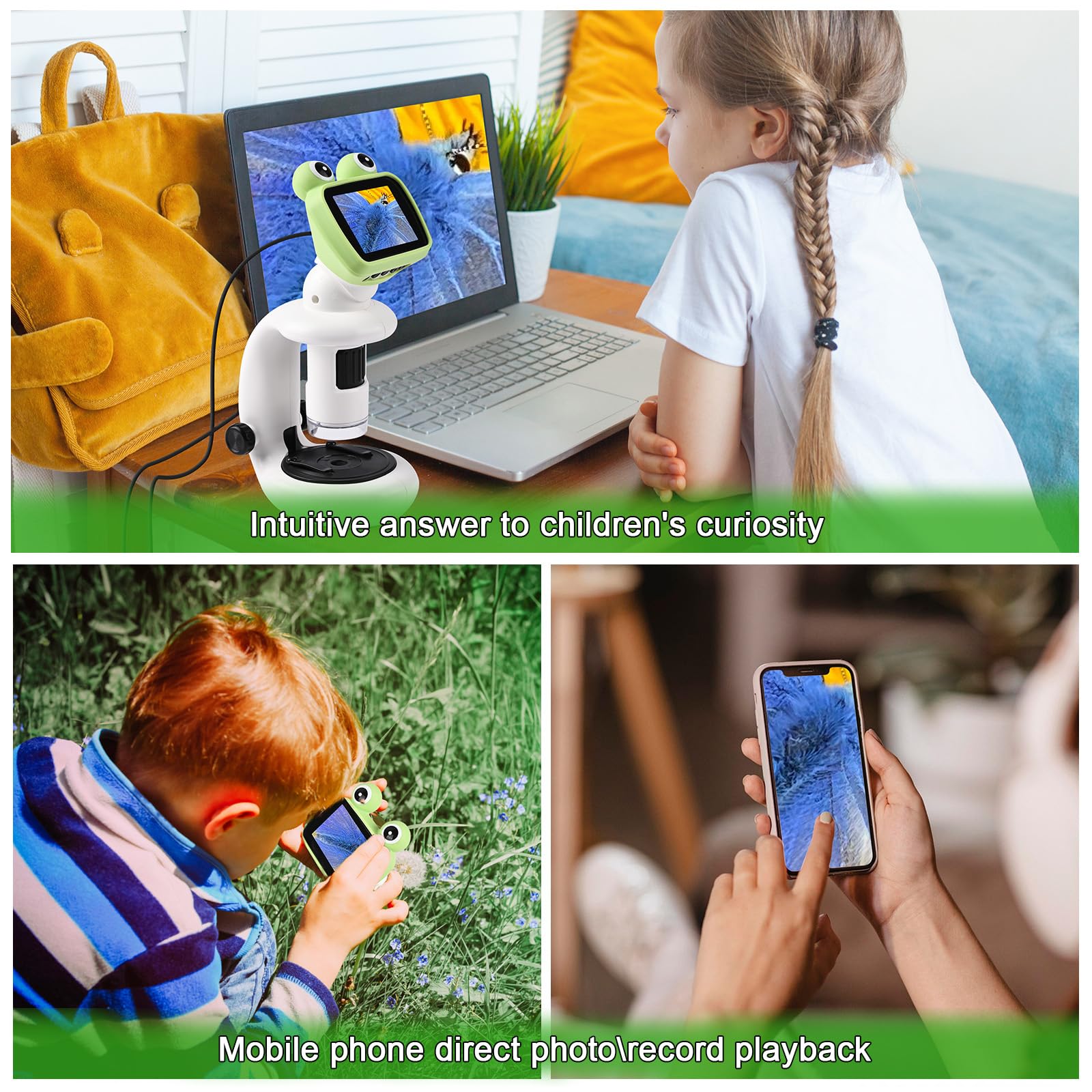GuKKK Microscopio para Niños, Microscopio IPS de 2.0 Pulgadas,Minimicroscopio 1000X USB WiFi HD 1080P,Tarjeta de 32 GB,Microscopi Portátil para Niños con LED Fotos y Videos, Función Portátil y Fija