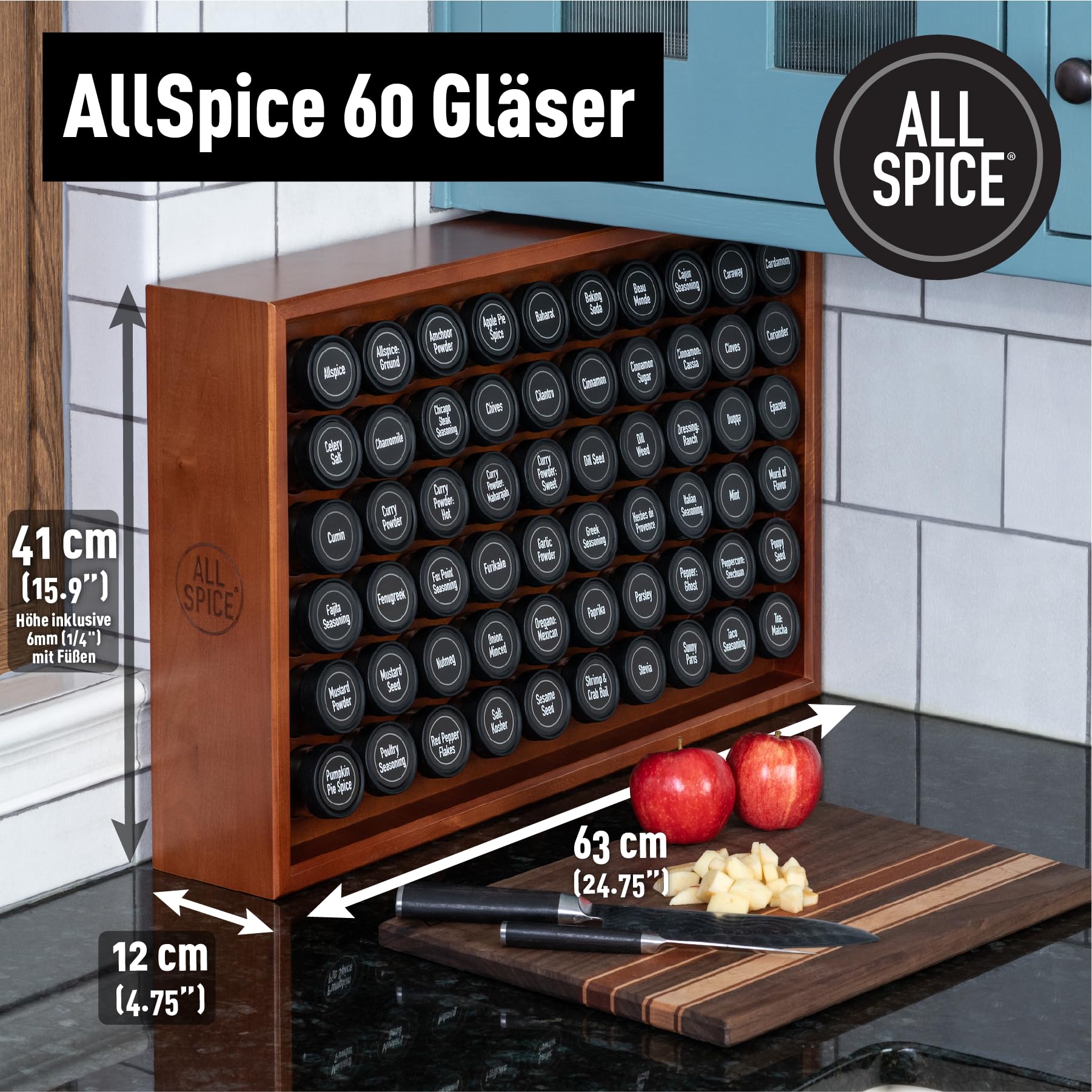 AllSpice Gewürzregal aus Holz, inkl. 60 Gläser 118 ml, Walnussholz