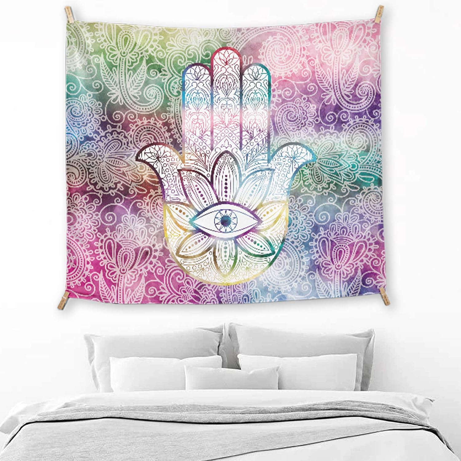 Yes We Vibe Wall Tapestry + Wall Hanging for Bedroom & Boho Home Decor - Hamsa Hand Design - Large 67.3 X 58.3 Inches (171cm X 148cm)