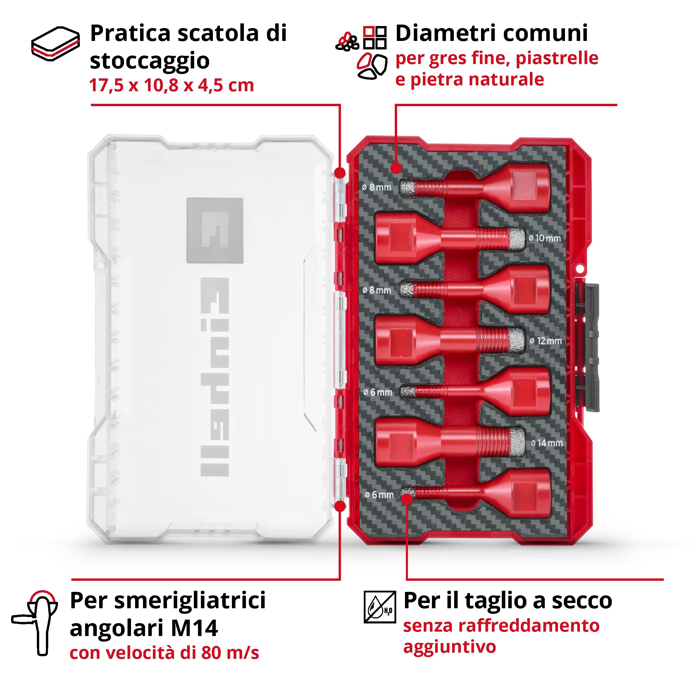 Original Einhell M-CASE - Juego de 7 brocas para azulejos (corte en seco, relleno de diamante de 7 mm, larga vida útil, refrigerante para diámetros pequeños, caja de almacenamiento incluida)
