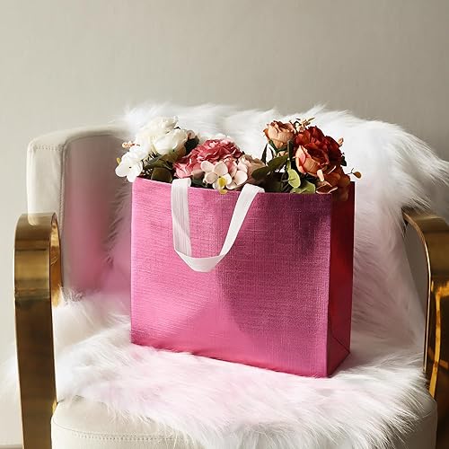 Miniatura 2 de cabzymx 16 bolsas de regalo reutilizables rosadas, bolsa de regalo de vacaciones con diseño metálico brillante con asas y bases, bolsa de regalos no
