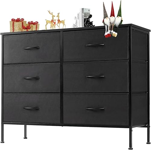 DUMOS Cómoda para dormitorio, cajones de almacenamiento, torre de almacenamiento de tela con 6 cajones, cómoda con cubos de tela, marco de metal