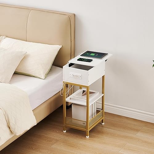 Miniatura 6 de Mesita de noche con estación de carga, mesas auxiliares con puertos USB y tomacorrientes, mesita de noche delgada con cajón deslizante y estante de