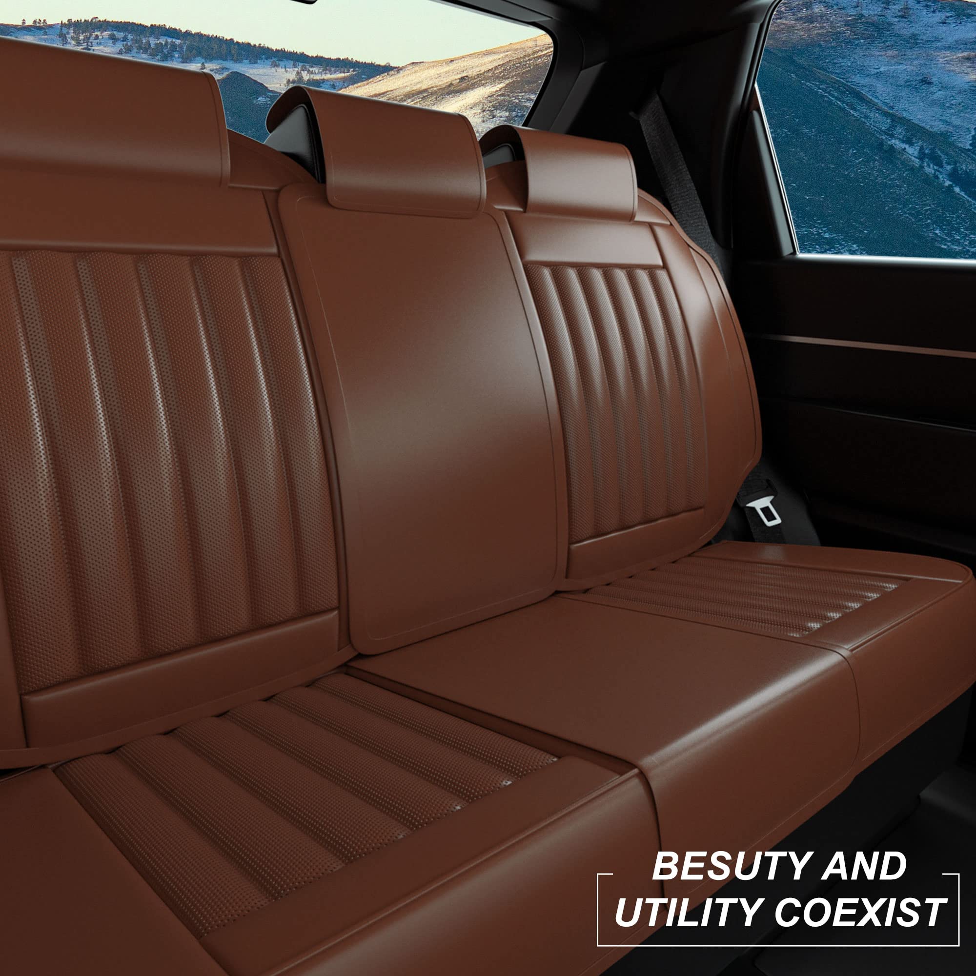 FEELON 3 Pieces LB Rear Car Seat Covers, Waterproof Nappa Leather Rear Car Seat Protectors, Universal Auto Interior Fit for Sedans SUV Pick-up Truck, Cocoa Brown