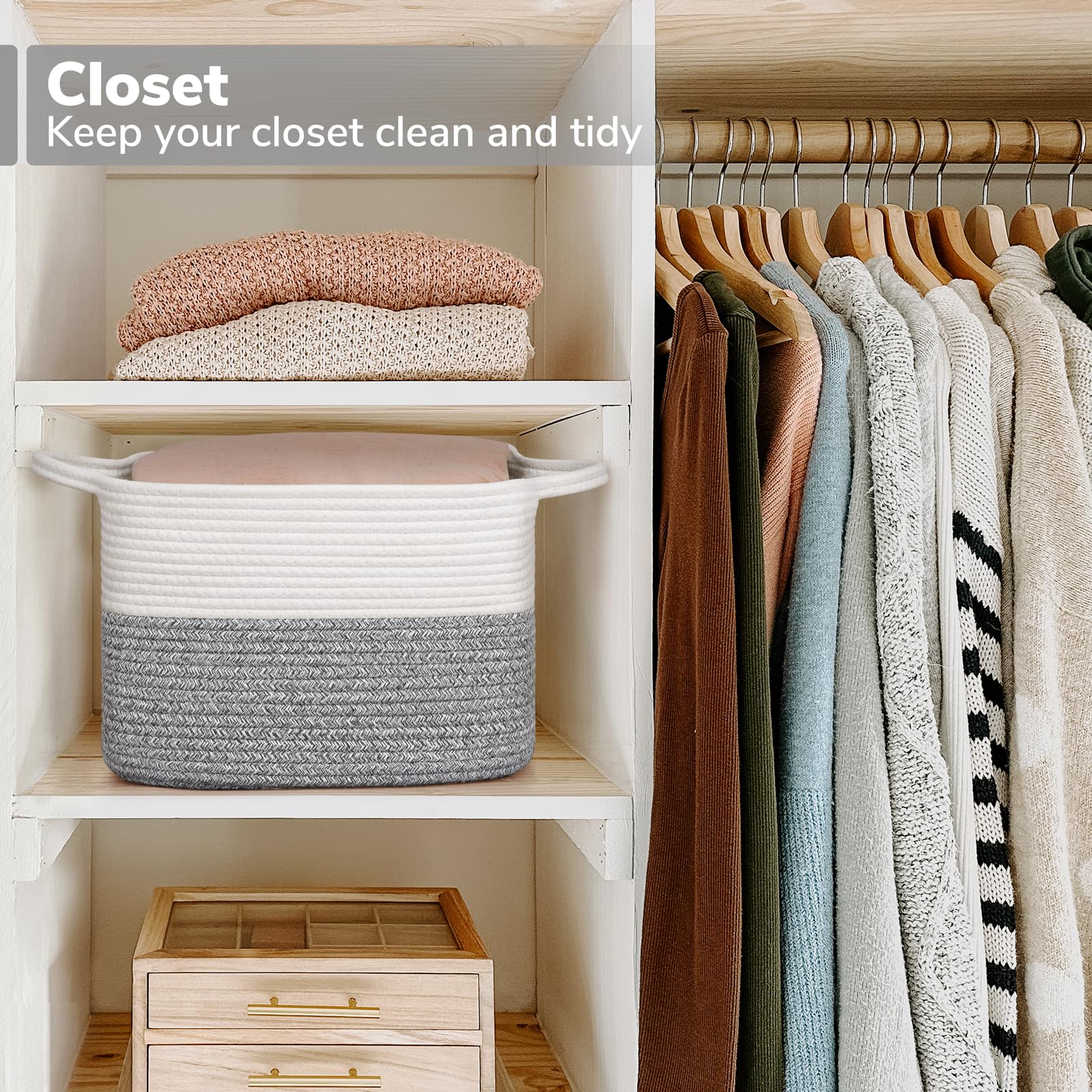 Goodpick Cesto portaoggetti intrecciato, in corda di cotone per organizzare, contenitori per armadio con manici, piccolo cesto portabiancheria per vestiti, asciugamani e scarpe, 33 x 25 x 22 cm