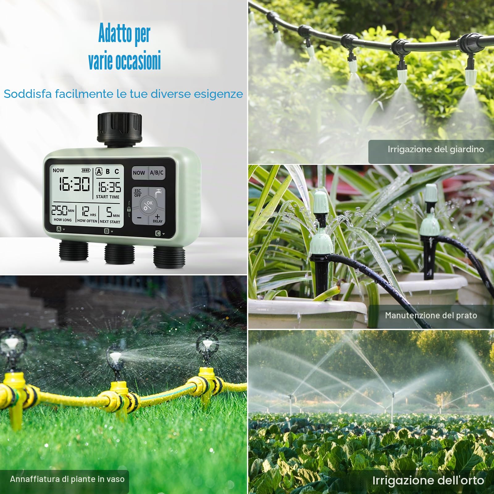 CROSOFMI 3 Vie Timer Irrigazione Automatica Digitale Centralina Irrigazione Temporizzatore Programmatore Irrigazione Giardino /IPX5 Impermeabile/Ritardo Pioggia/Modalità di Irrigazione Manuale