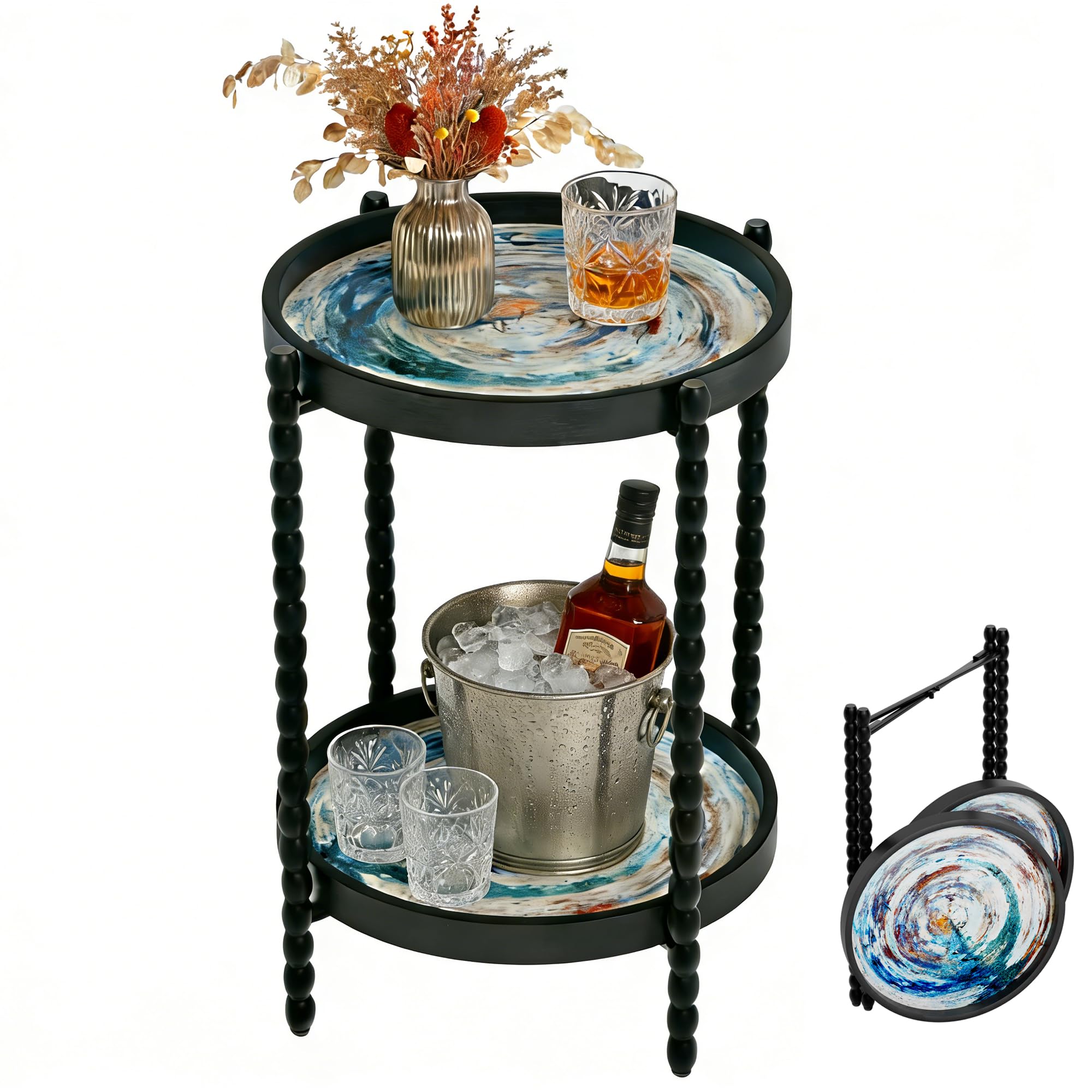 Jorsnovs Folding Round Outdoor Side Table with Dual Removable Trays, Small Black Metal Accent End Table for Living Room, Bedroom or Patio,Foldable Drink Tables for Small Spaces