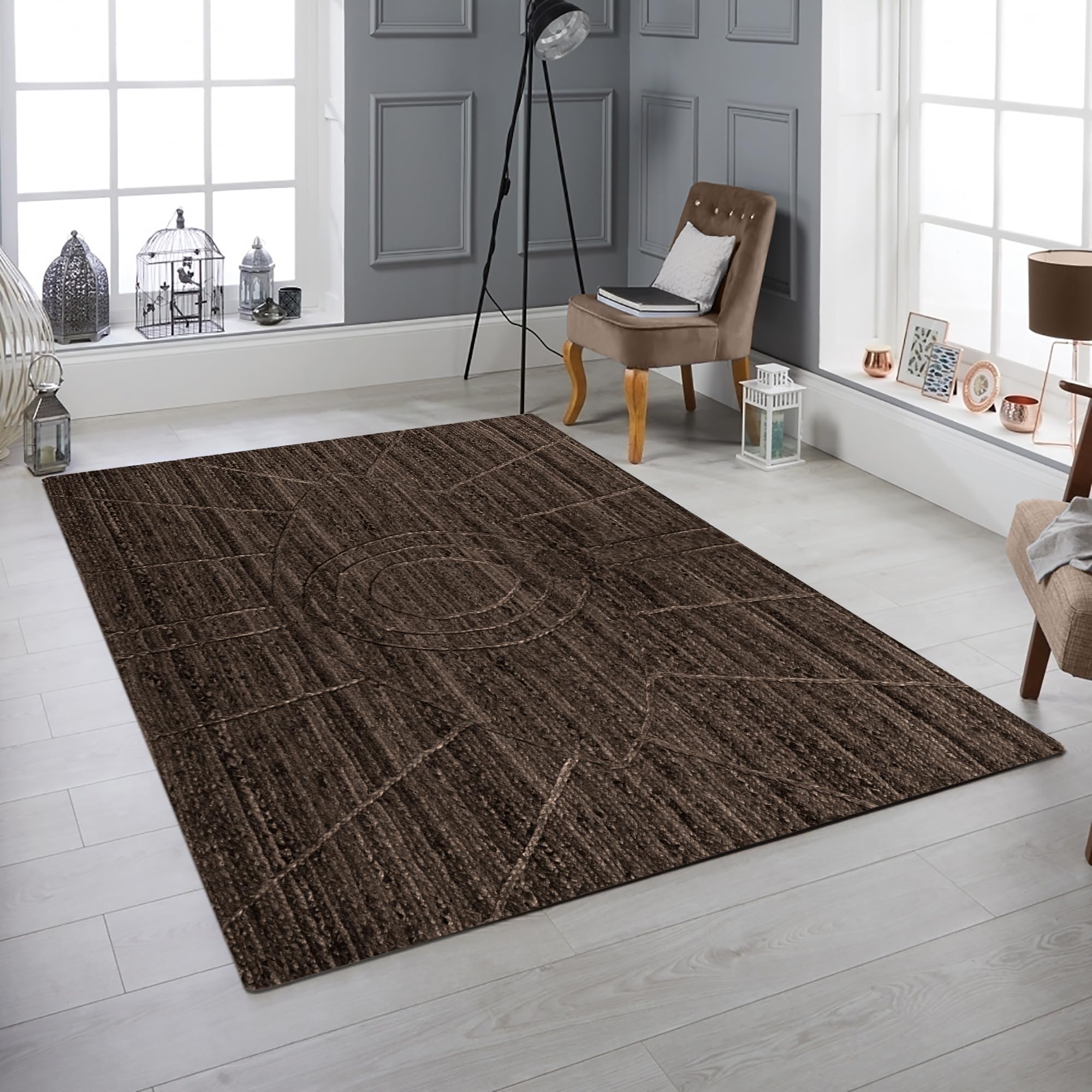 Tappeto in iuta intrecciata a mano, 5 x 7 cm, tappeto kilim in iuta naturale, motivo geometrico nero, tessuto a mano, tappeto a trama piatta, per interni ed esterni, per cucina, giardino,