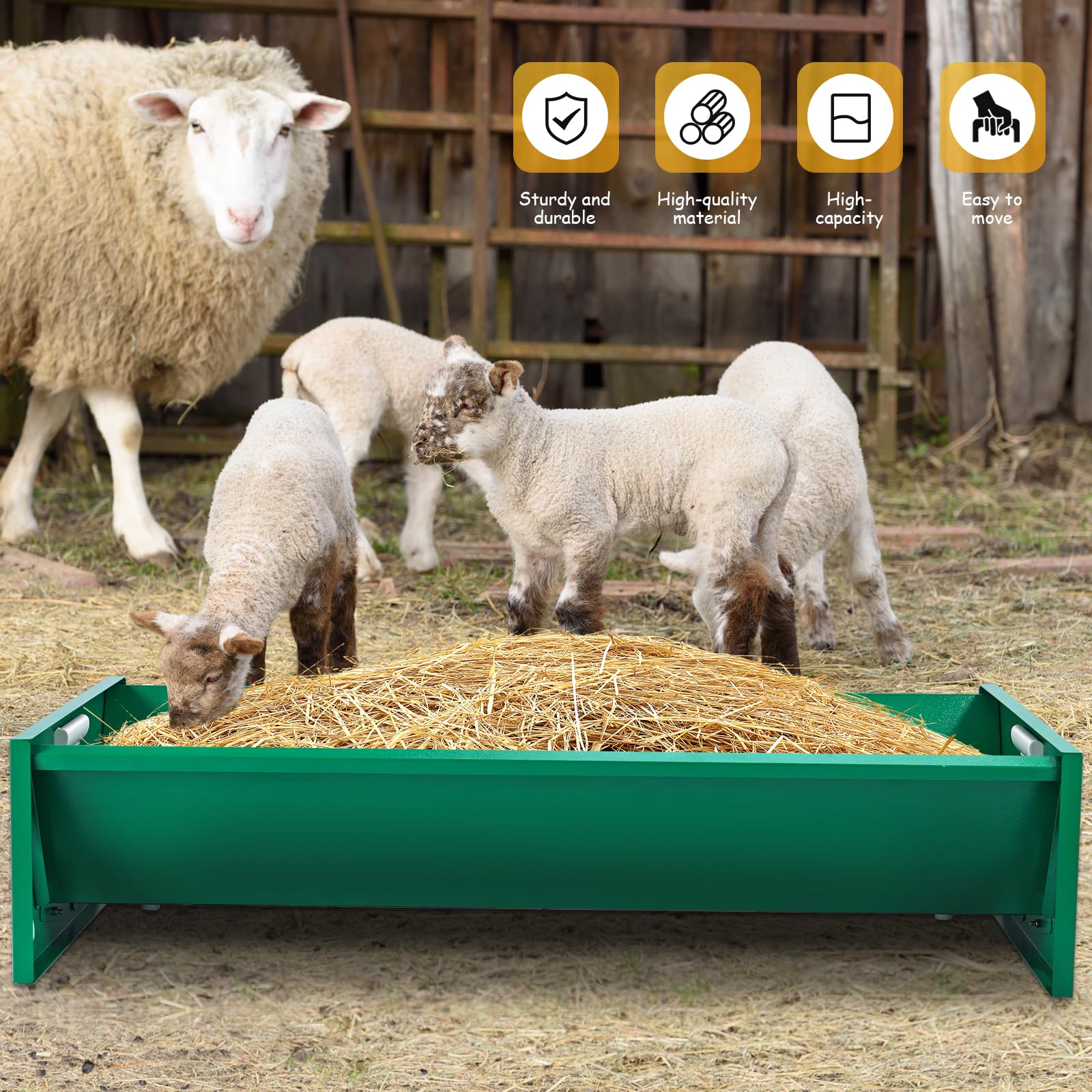 Mangeoire pour ChèVres, 100 Cm Mangeoire en Acier Galvanisé pour BéTail, Mangeoire Portable de Grande Capacité pour Fermes, Alpagas, ChèVres, Veaux, Moutons, Chevaux, Cerfs (Vert Foncé)