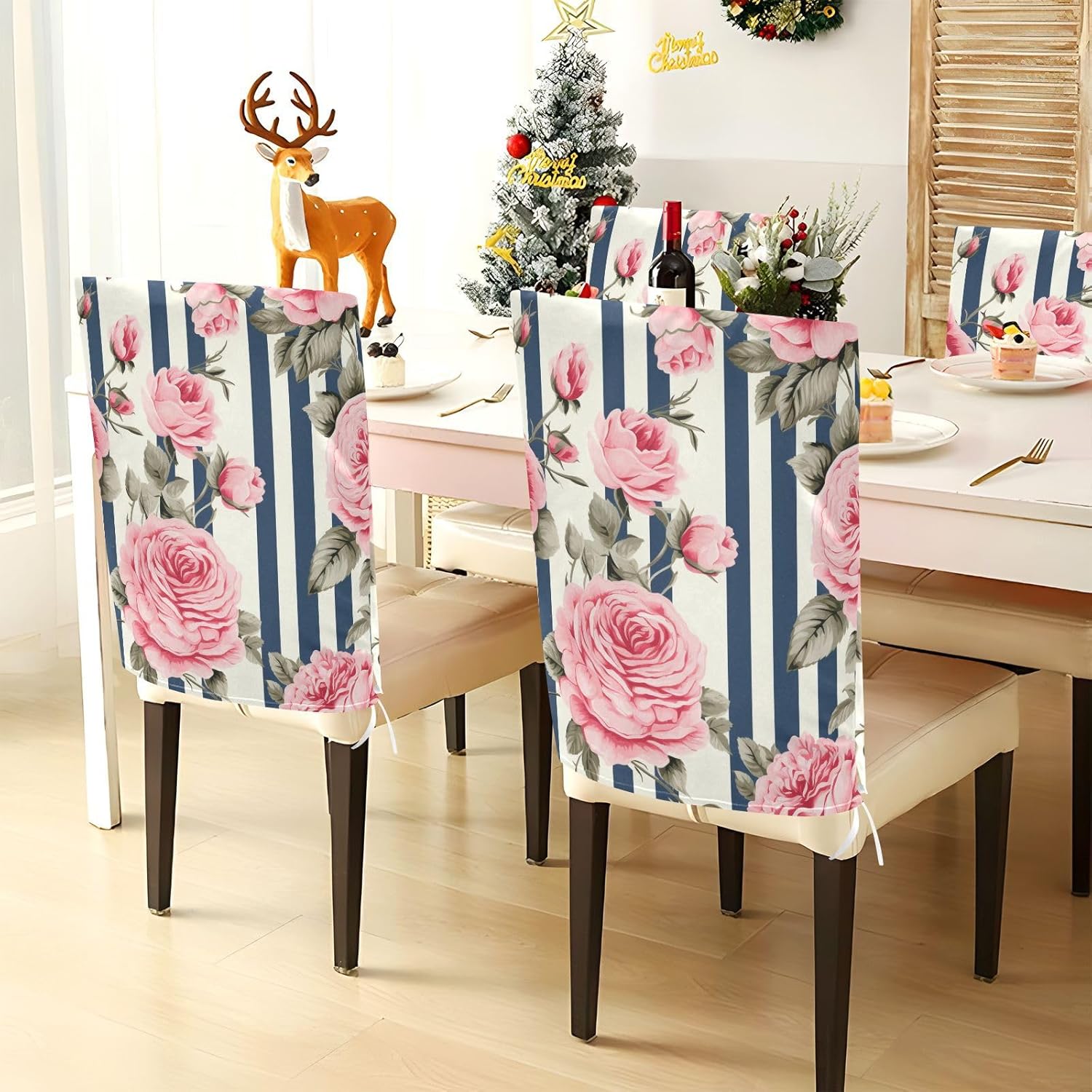 ALAZA Pink Rose Blue Stripes Vintage Chair Back Cover Set of 6, Washable Reusable Removable Chair Slipcovers Decorative Chair Cover for Home Kitchen Wedding Party