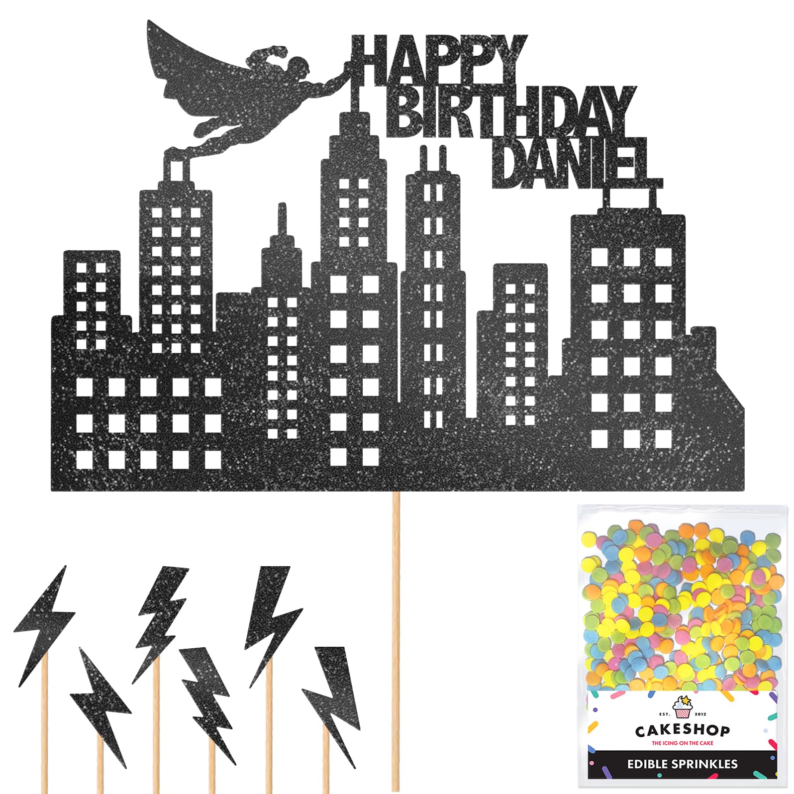 Personalised Superhero City Comic Glitter Cake Topper- Black Any Custom Name Glitter Cake Decoration and Sprinkles - Happy Birthday Decorations - Personalised Toppers for Cakes by Cakeshop