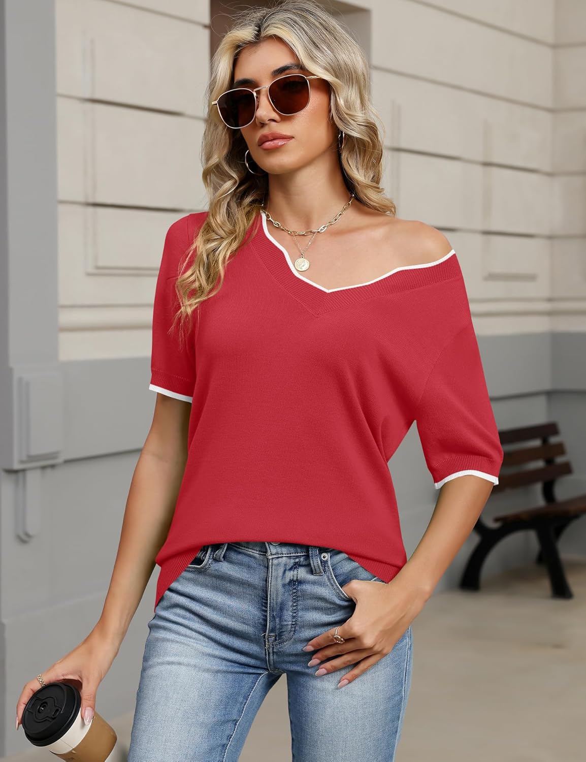 LOMON Womens 2026 Spring V Neck Sweater Casual Tops Short Sleeve Lightweight Ribbed Knit Pullover Sweaters - Image 4
