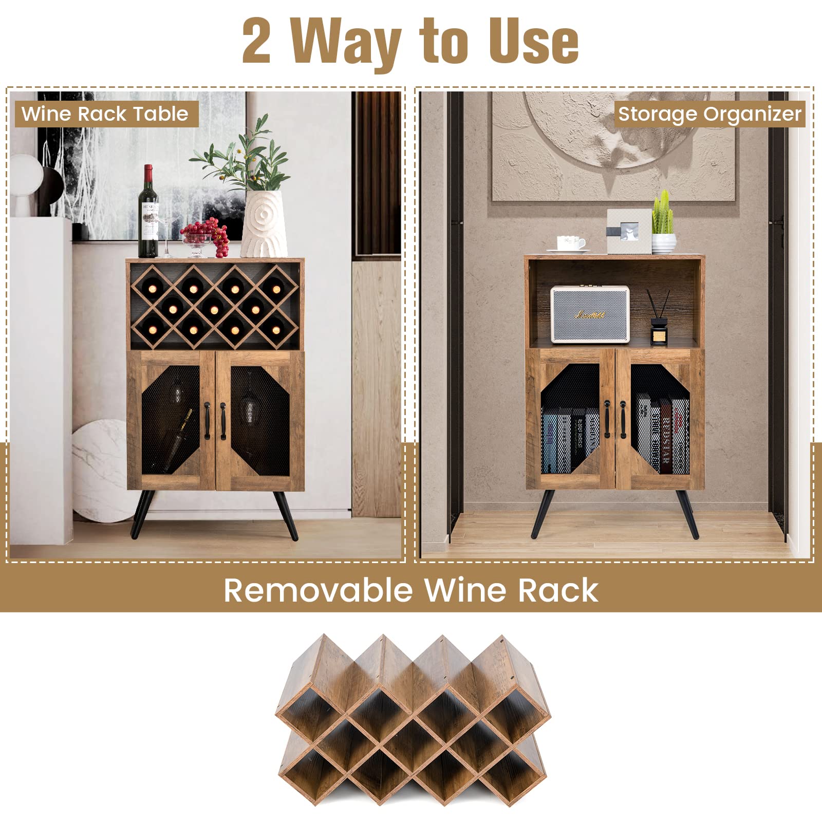 GIANTEX Meuble de Bar à Vin, Buffet Industriel avec Casier à Vin Amovible et Porte-Verre Intégré, Meuble de Rangement en Bois pour Salle à Manger, Salon, Cuisine, Marron Rustique