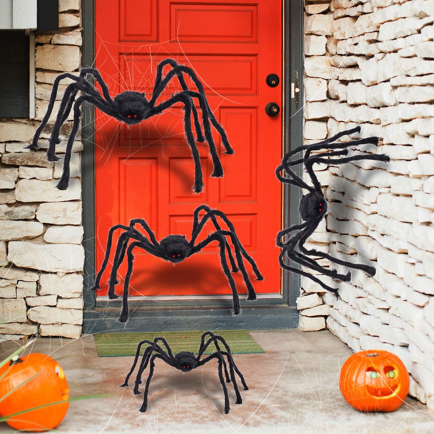 F FiGoal 4 Pack Halloween Giant Spider Spooky Hairy Spiders Halloween Indoor and Outdoor Yard Decoration Scary Creepy Black Spiders (Different Sizes up to 50'')
