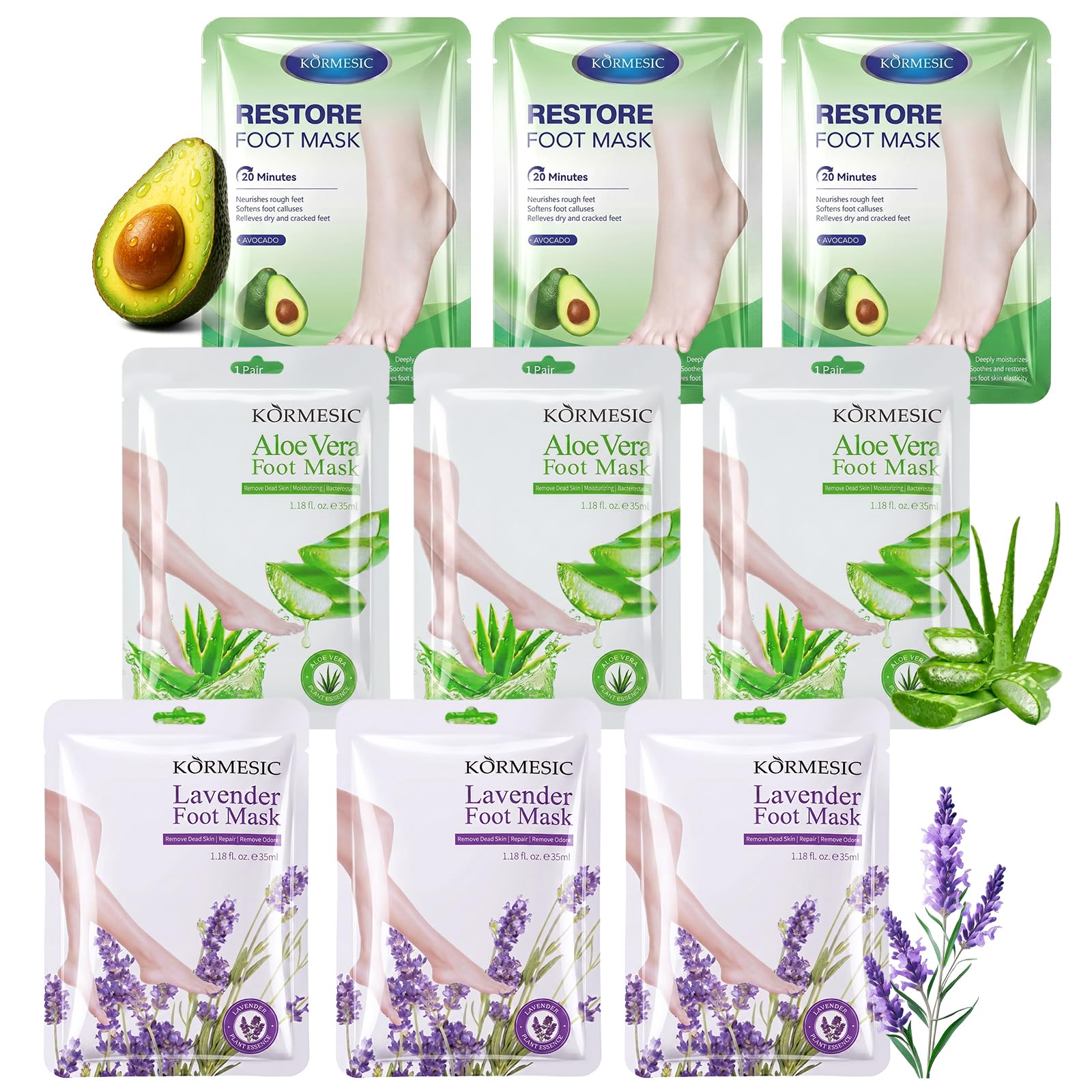 9 Pack Fußmaske Gegen Hornhaut, Hornhaut Socken für Damen Herren | Fussmaske Hornhautentfernung, Hornhautentferner Socken zur Feuchtigkeitspflege, Beruhigung(Lavendel, Aloe Vera, Avocado)