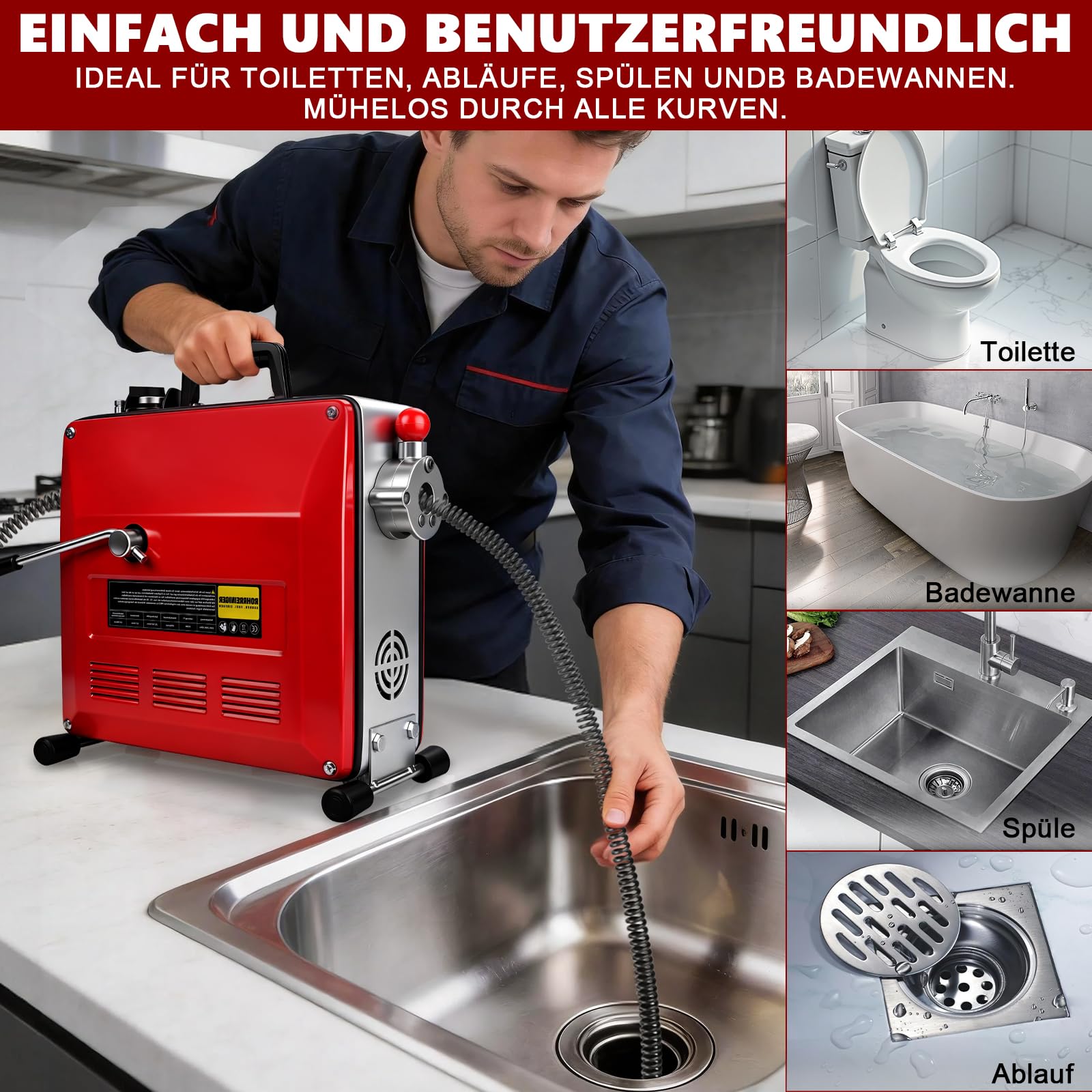 850W Rohrreinigungsmaschine für 20-200mm Rohrleitungen 12 Köpfe 450U/M | Spirale14m Ø22mm + 14.5m Ø16mm + 5m Ø10mm, Elektrischer Rohrreinigungsspirale Abflussreiniger Rohrbiegegerät Rohrreiniger