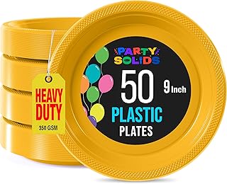 Exquisite Party Solids Yellow Plastic Plates For Party Supplies 9" Yellow Disposable Plates Heavy Duty 50 Pcs Plastic Dinnerware Sets Heavy Duty 350 GSM Disposable Dinnerware Set