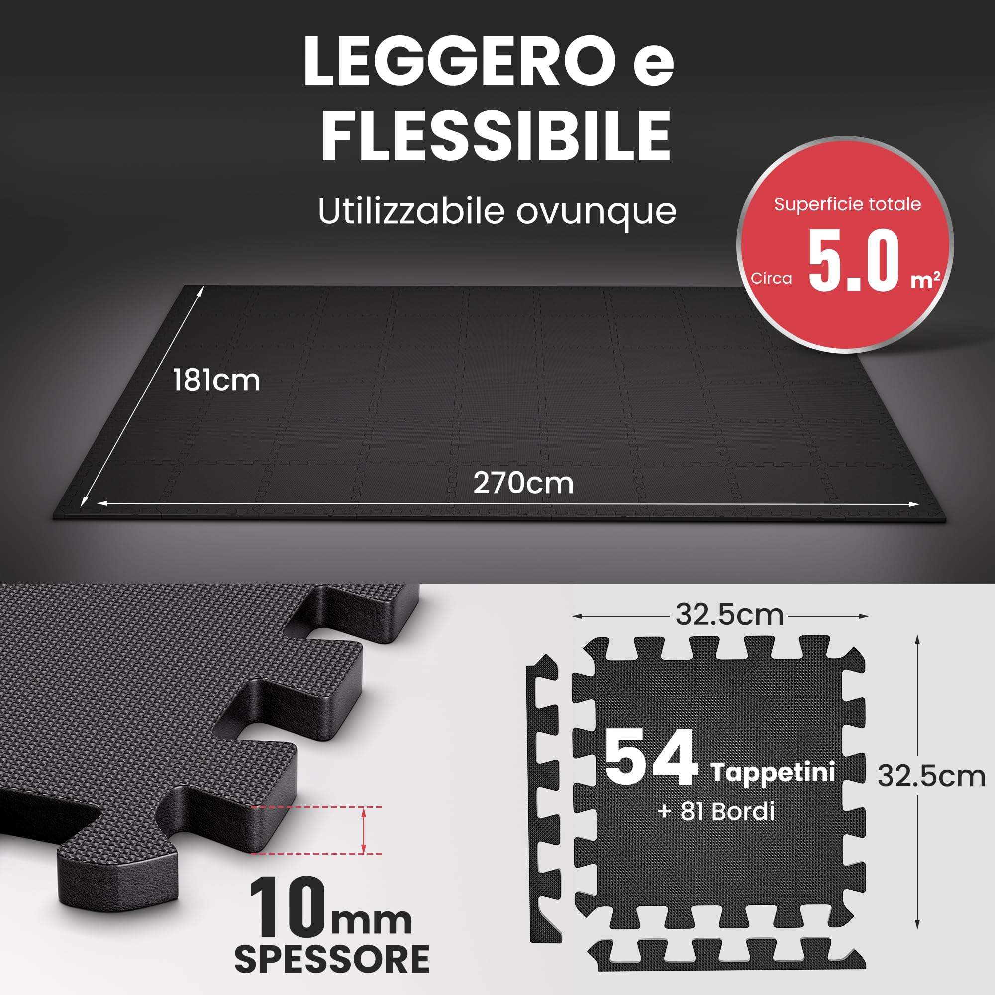 Ultrasport Tappeto Palestra - 54 Pezzi - Tappeto Puzzle Pavimento Gomma Palestra - Materassino da Palestra Antiscivolo - Protezione Antiurto per Pavimenti, Pesi, Dischi, Ginnastica e Piscina