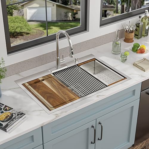 Miniatura 2 de Fulorni - Fregadero de cocina de 33 pulgadas x 22 pulgadas, estación de trabajo de repisa superior de acero inoxidable calibre 16, cuenco individual