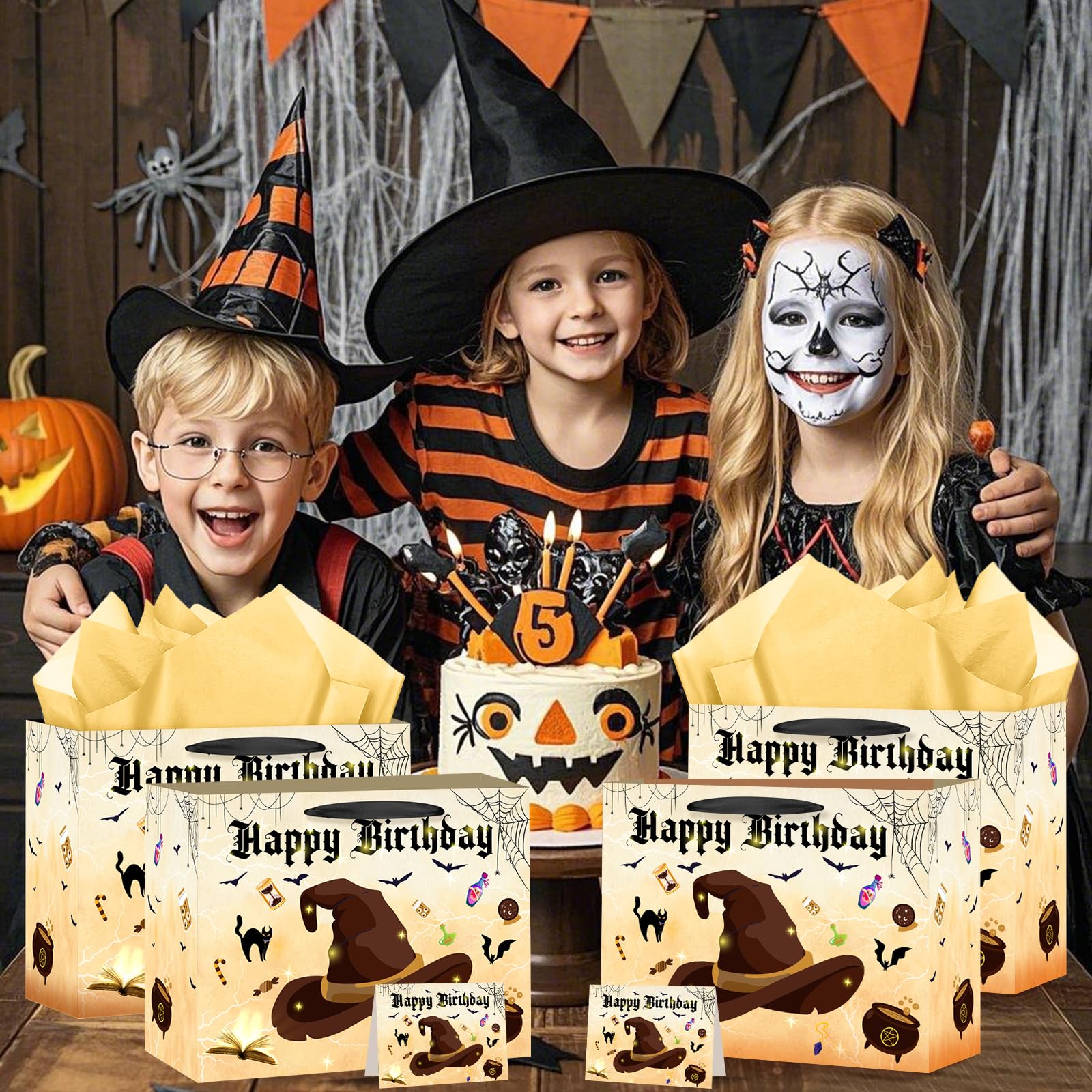 LUUFILx Wizard Birthday Gift Bag Wizard Hat Birthday Party Favors with Wrapping Paper Card Wizard School Gift Wrap Bag for Girls Boys Halloween Wizard Party Decorations Party Supplies (Yellow)