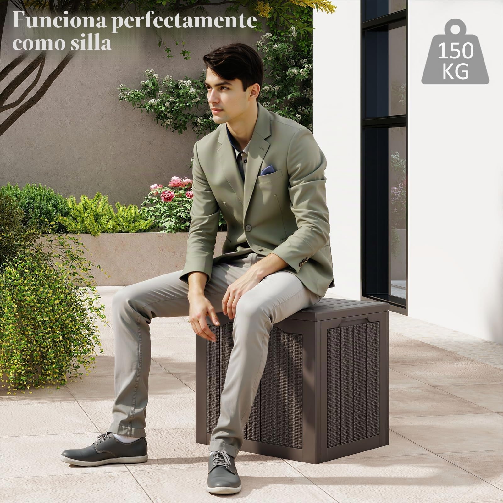 GOPLUS Caja de Cubierta Impermeable, Mesa Auxiliar de Patio de 106 L con Tapa Bloqueable, Superficie Estilo Mimbre, Caja de Almacenamiento para Herramientas de Jardinería, Cojines, Piscina (Marrón)