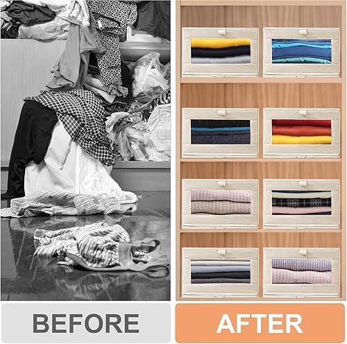 Miniatura 5 de Paquete de 8 organizadores y almacenamiento de ropa de lino, contenedores plegables con ventana transparente, cestas de lino para organización de