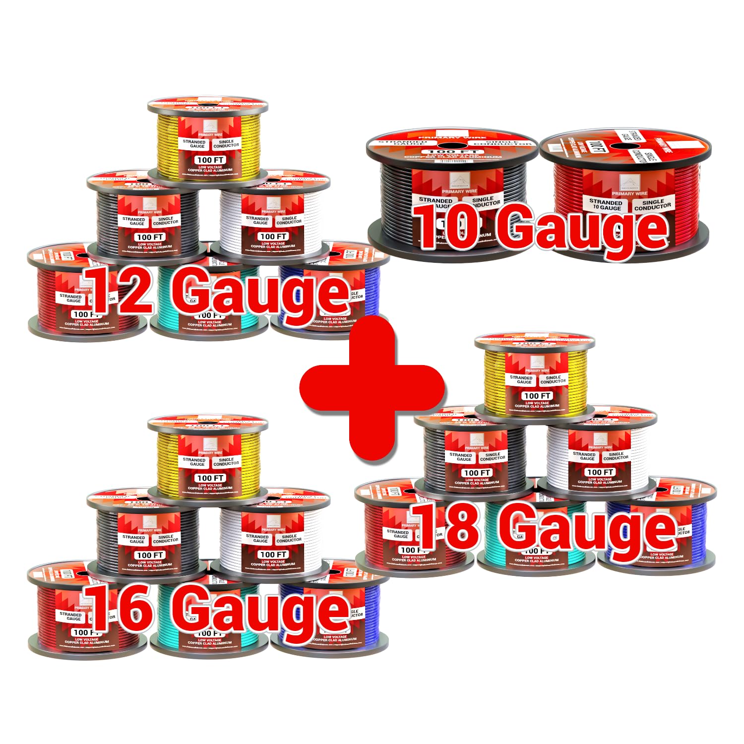 10-12-18-16 Gauge Wire Combo - 10ga is a 2 Pack 100' per Roll. (Total 200 ft) - 12ga, 18ga & 16ga is a 6 Pack 100' per Spool (Total 600 ft) - Copper Clad Aluminum