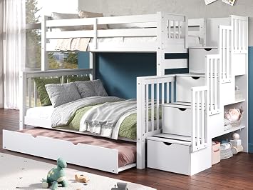 Bedz King Stairway Bunk Beds Twin Over Full, 4 Step Drawers, Full Trundle, White