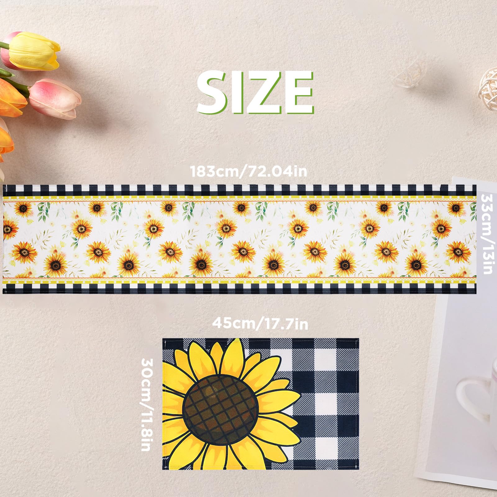 Simpeak Sonnenblumen Tischset & Tischläufer – 4 Sets + Läufer, Polyester, 30x180 Cm, Sommerliche Deko Für Küche & Esszimmer
