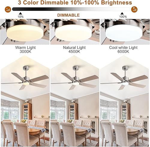 Miniatura 6 de Ventiladores de techo de 42 pulgadas con luces y control remoto, ventilador de techo moderno con luz, 5 cuchillas, luz LED regulable, motor de CC de