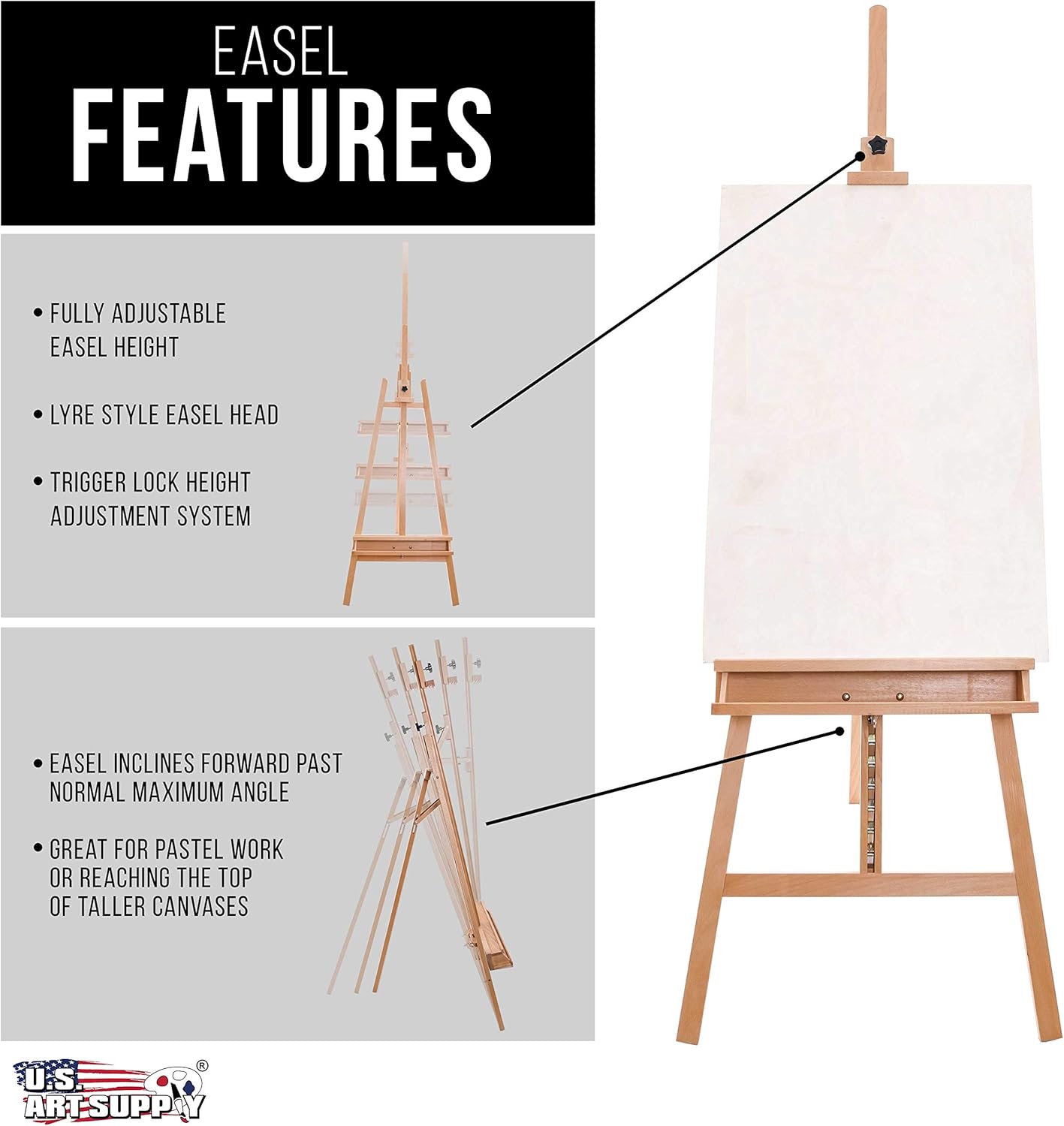 U.S. Art Supply 64" to 89" Sunset Medium A-Frame Wood Easel, Lyre Style Studio Easel - Wooden Artists Floor Stand, Sturdy, Adjustable Height to 48" Canvas - Painting, Drawing, Sign Display