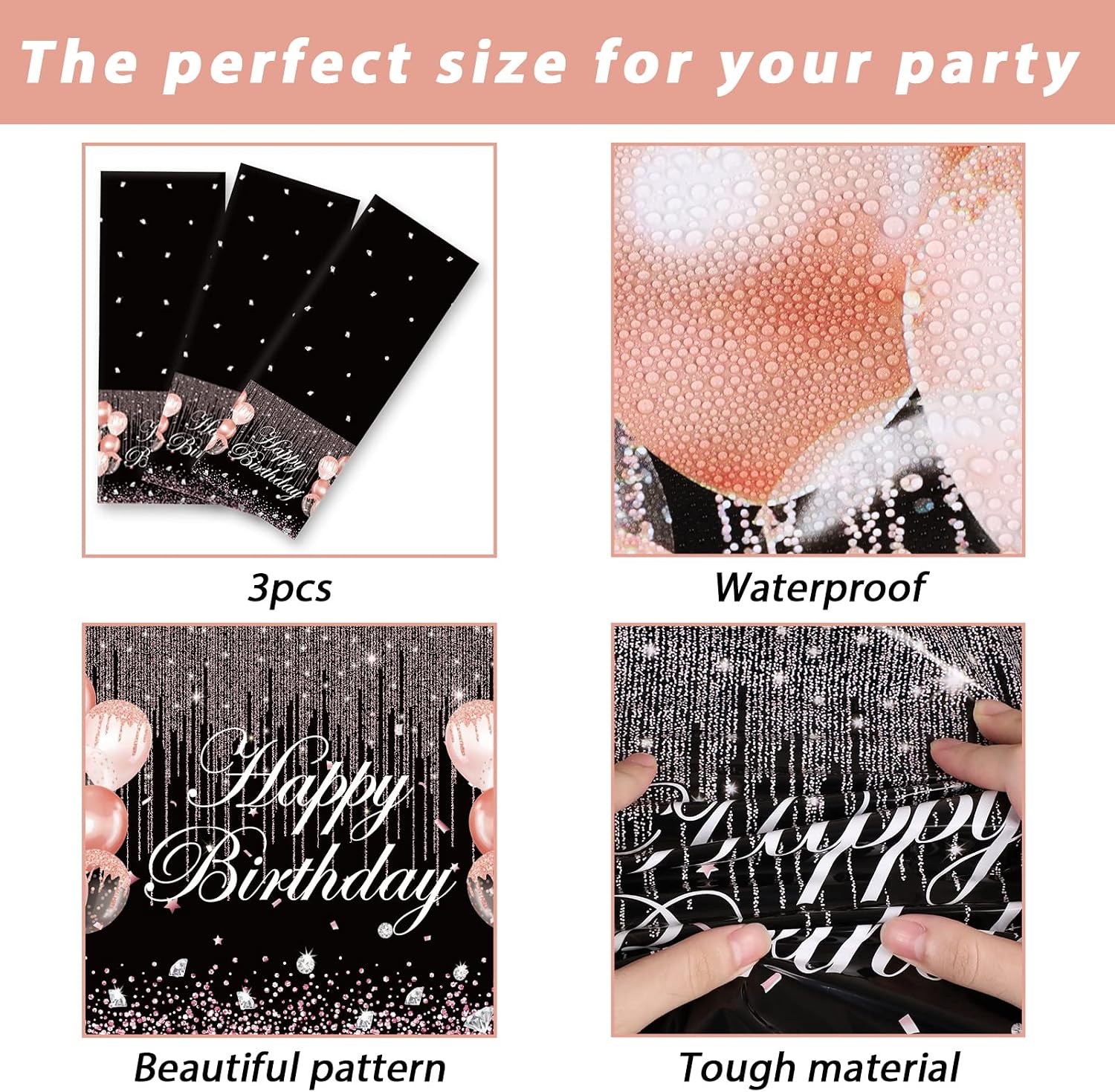 3pcs Black Rose Gold Birthday Tablecloths - Party Decorations With Pink Sequin Plastic Table Cover, Glitter Diamonds - Happy Birthday Supplies for Girl Women Wedding Party