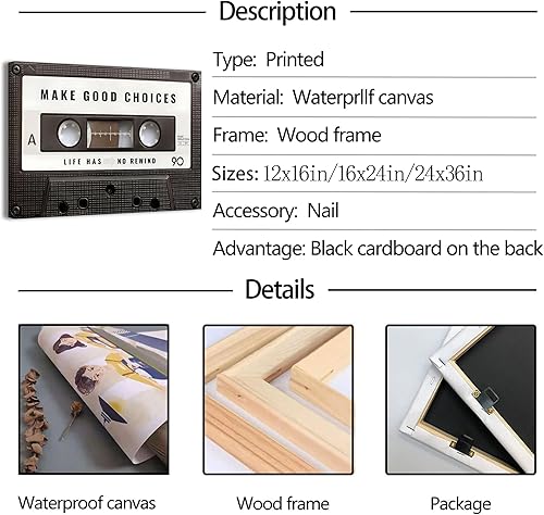 Miniatura 4 de Lienzo inspirador para la oficina, cuadro vintage de cinta de cassett, impresiones para hacer buenas elecciones, la vida no tiene rebobinado, arte
