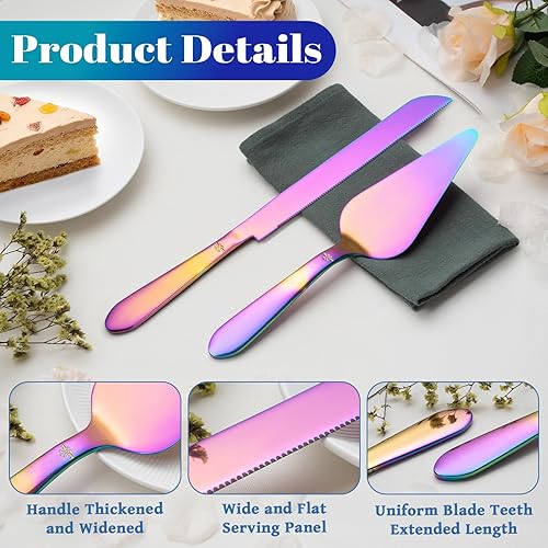 Vista 23 de Juego de cuchillo y servidor para pastel de boda, cortador integral de pastel más largo de acero inoxidable y espátula de pastel más ancha, elegante