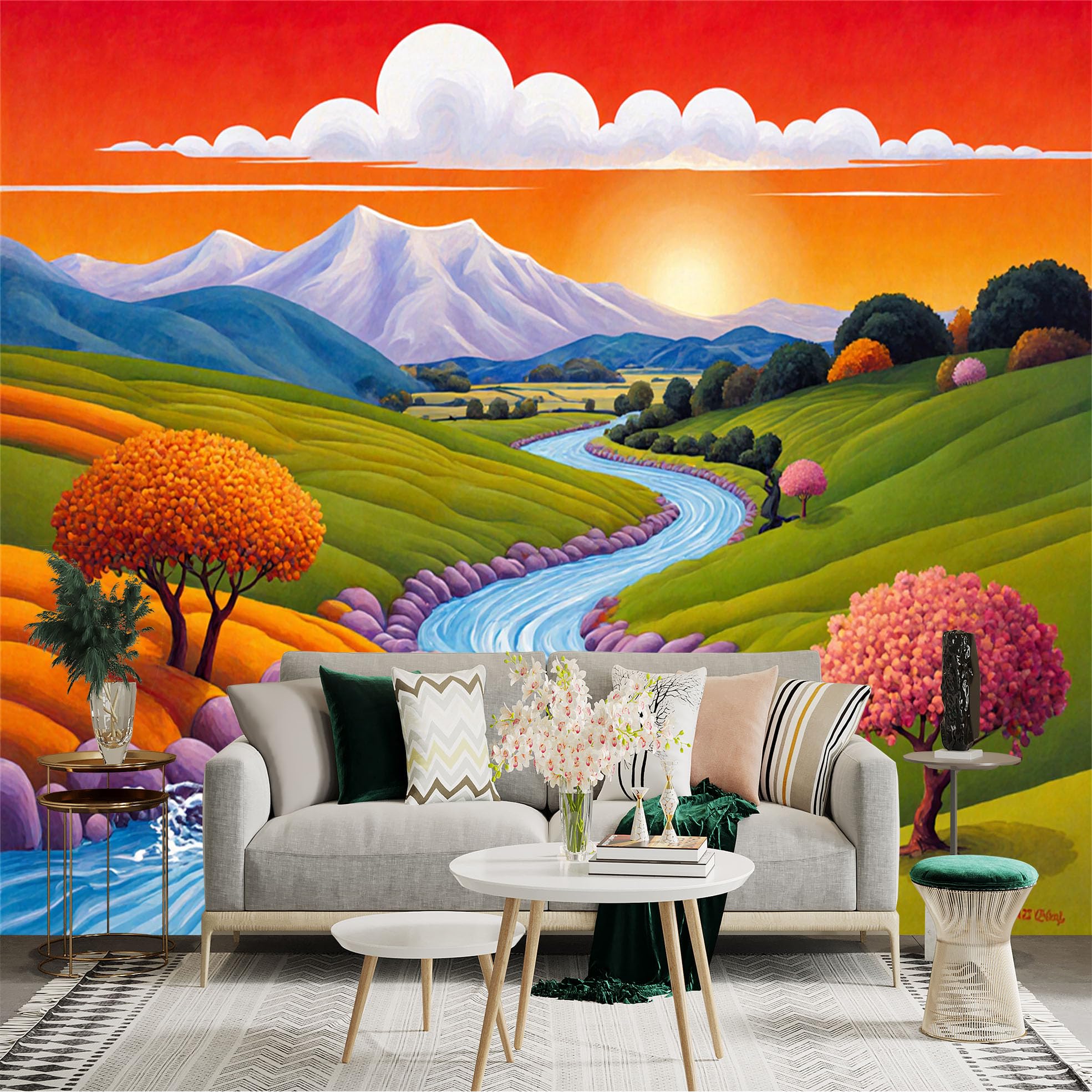 Lnzczhyre Xc260505685 Custom Size Wall Sticker Mural， Vibrant Sunset Landscape， Winding River， Snowy Mountain Peaks， Colorful Trees， For Wall Decoration， Peelandstick Wall Decals.