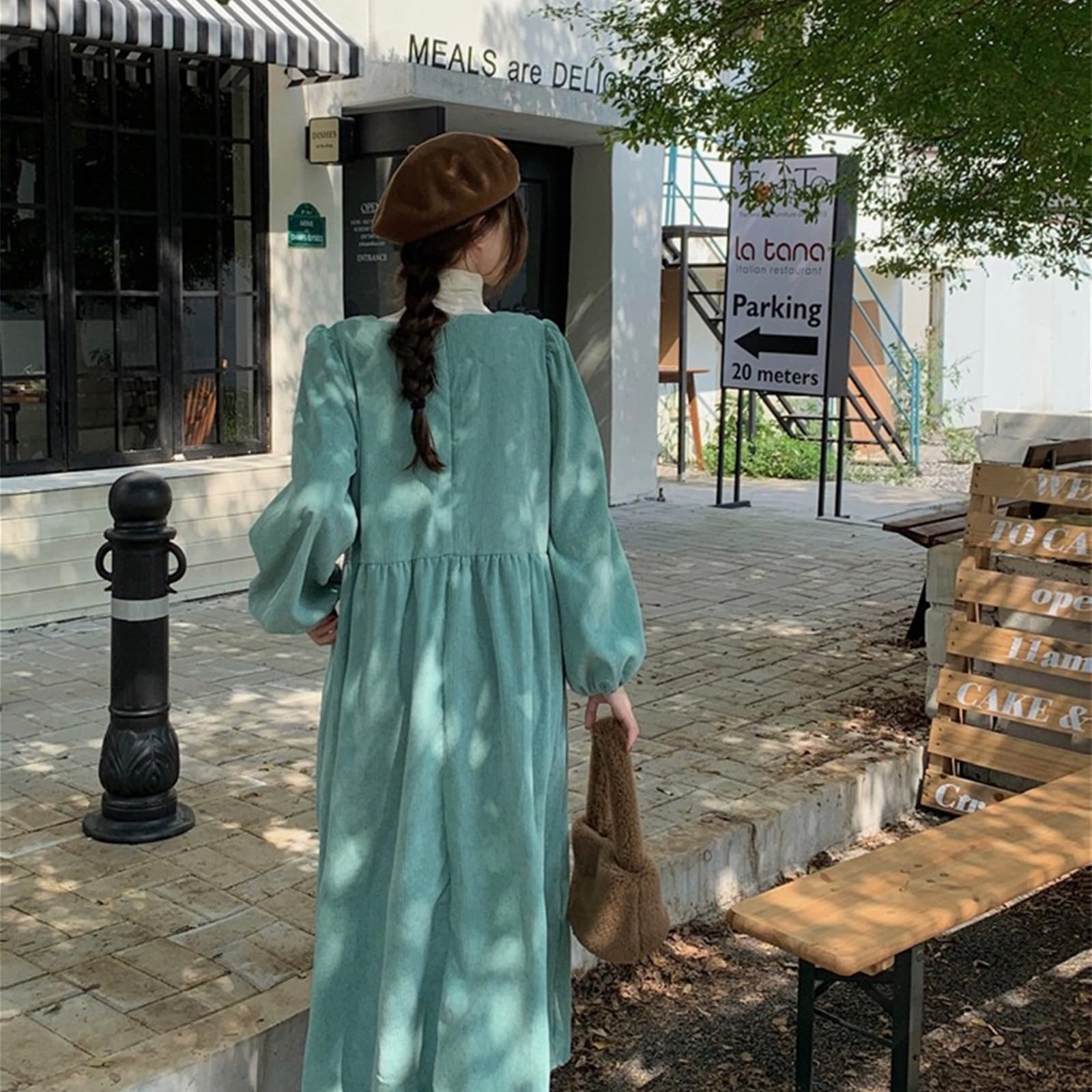 Vestito Donna Autunno Abito A Velluto A Velluto A Maniche Lunghe di Lanterna Francese Femminile Abito Lungo da Donna-Rosso Chiaro-XL