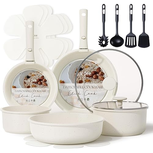 CAROTE 17pcs Pots and Pans Set, Nonstick Cookware Set Detachable Handle, Induction Kitchen Cookware Sets Non Stick with Removable Handle, RV Cookware Set, Oven Safe