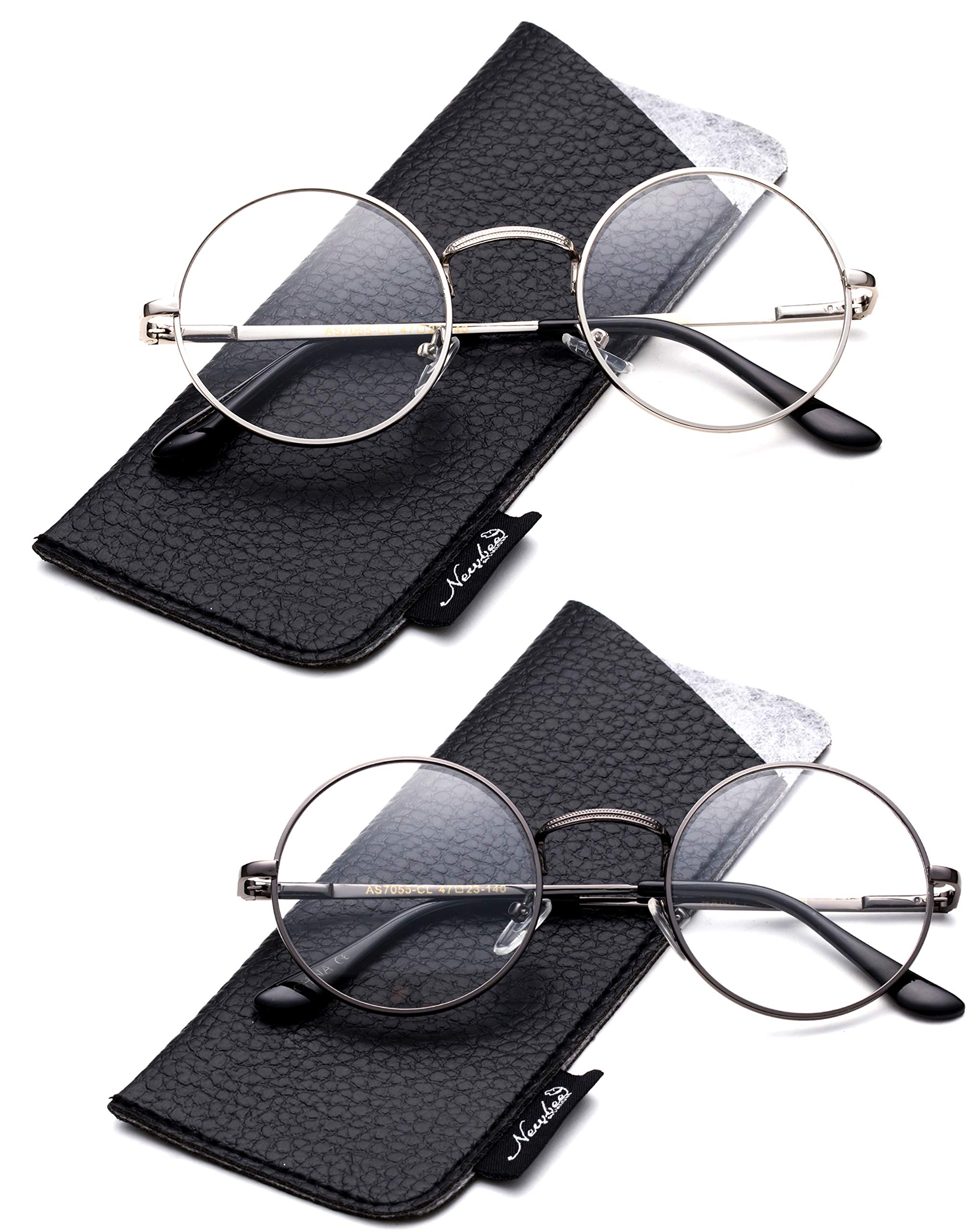 Lesebrille, Unisex, Qualität mit Edelstahlrahmen, rund, aus Metall, 2 Paar - Silber & Gunmetal, 2,50 X
