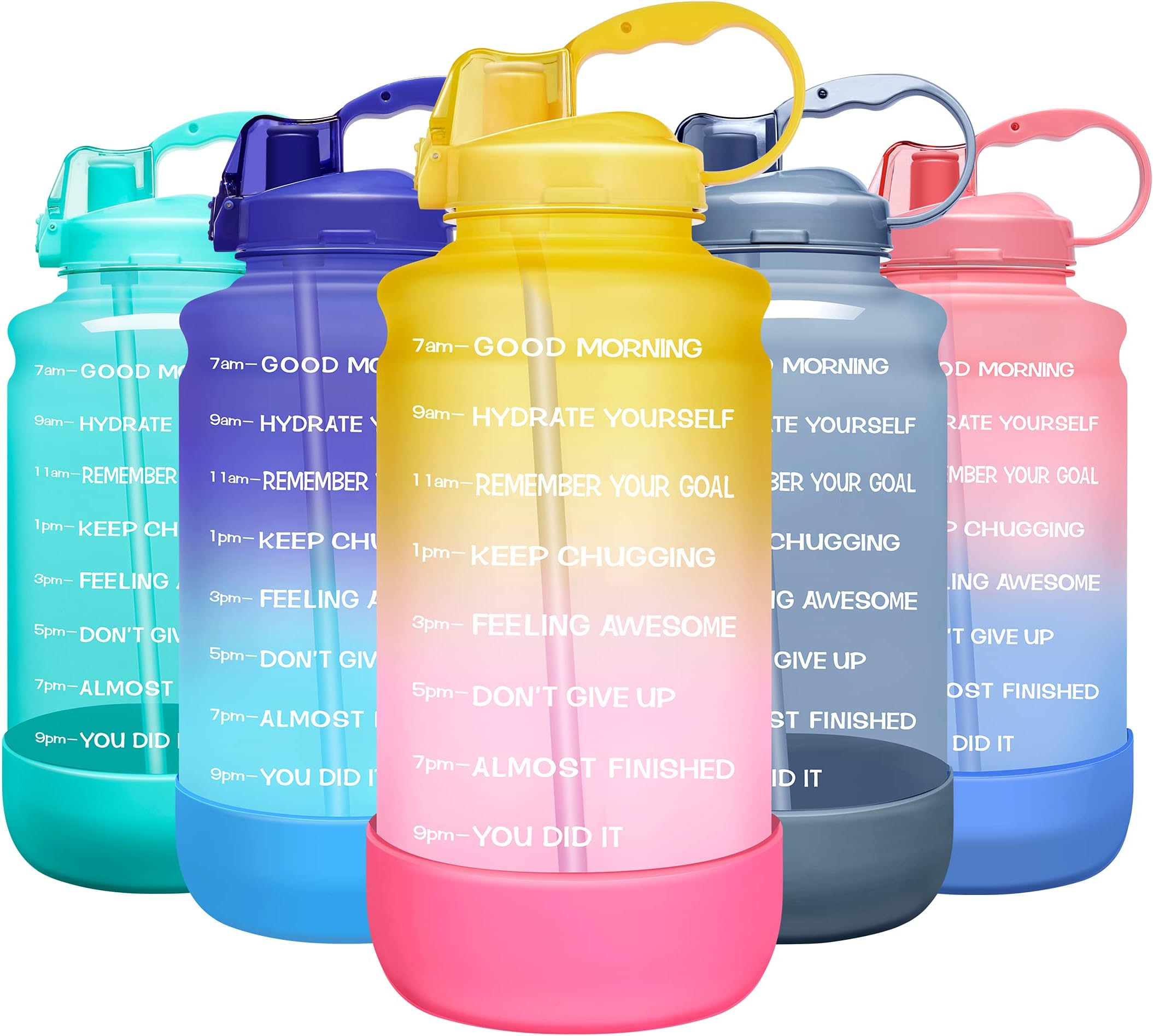 Elvira Large 1 Gallon/128 oz Motivational Time Marker Water Bottle with Straw & Protective Silicone Boot, BPA Free Anti-slip Leakproof for Fitness, Gym and Outdoor Sports-Pink/Yellow Gradient
